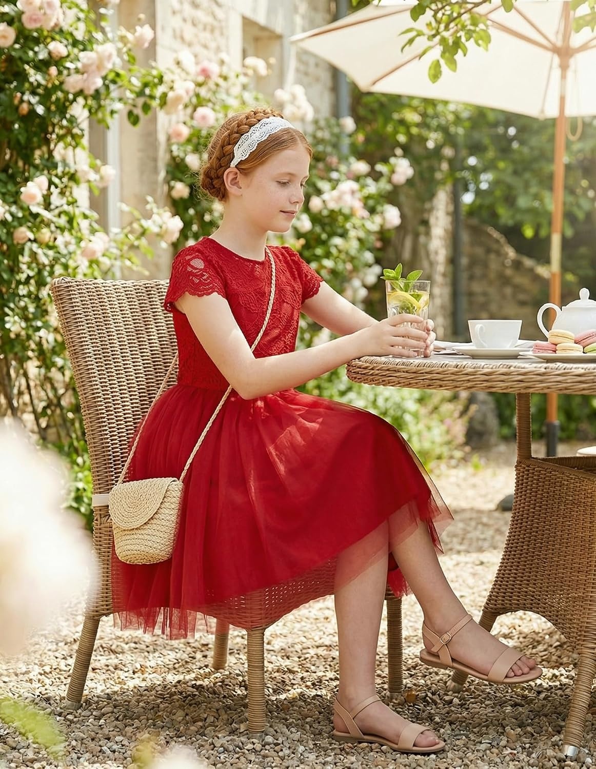 image:imageGRACE KARIN Flower Girl Dress Big Bow Kids Lace Tulle Princess Wedding GownClassic Crimson