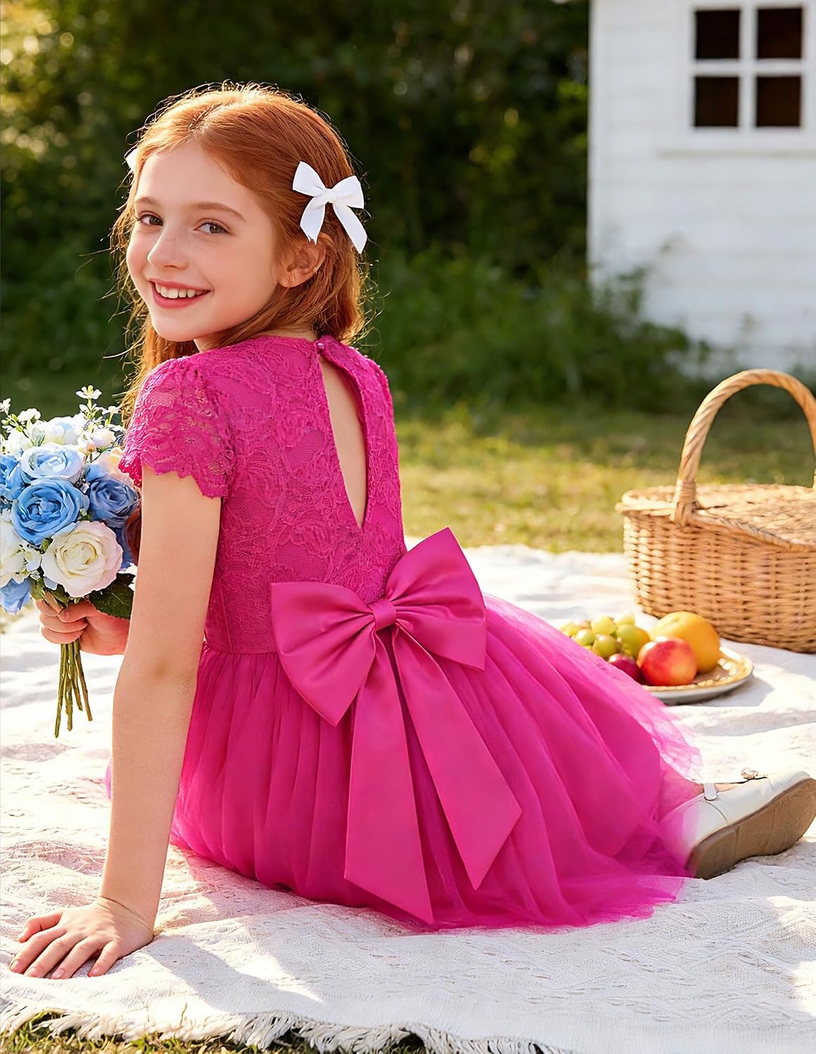 image:imageGRACE KARIN Flower Girl Dress Big Bow Kids Lace Tulle Princess Wedding GownHot Fuchsia
