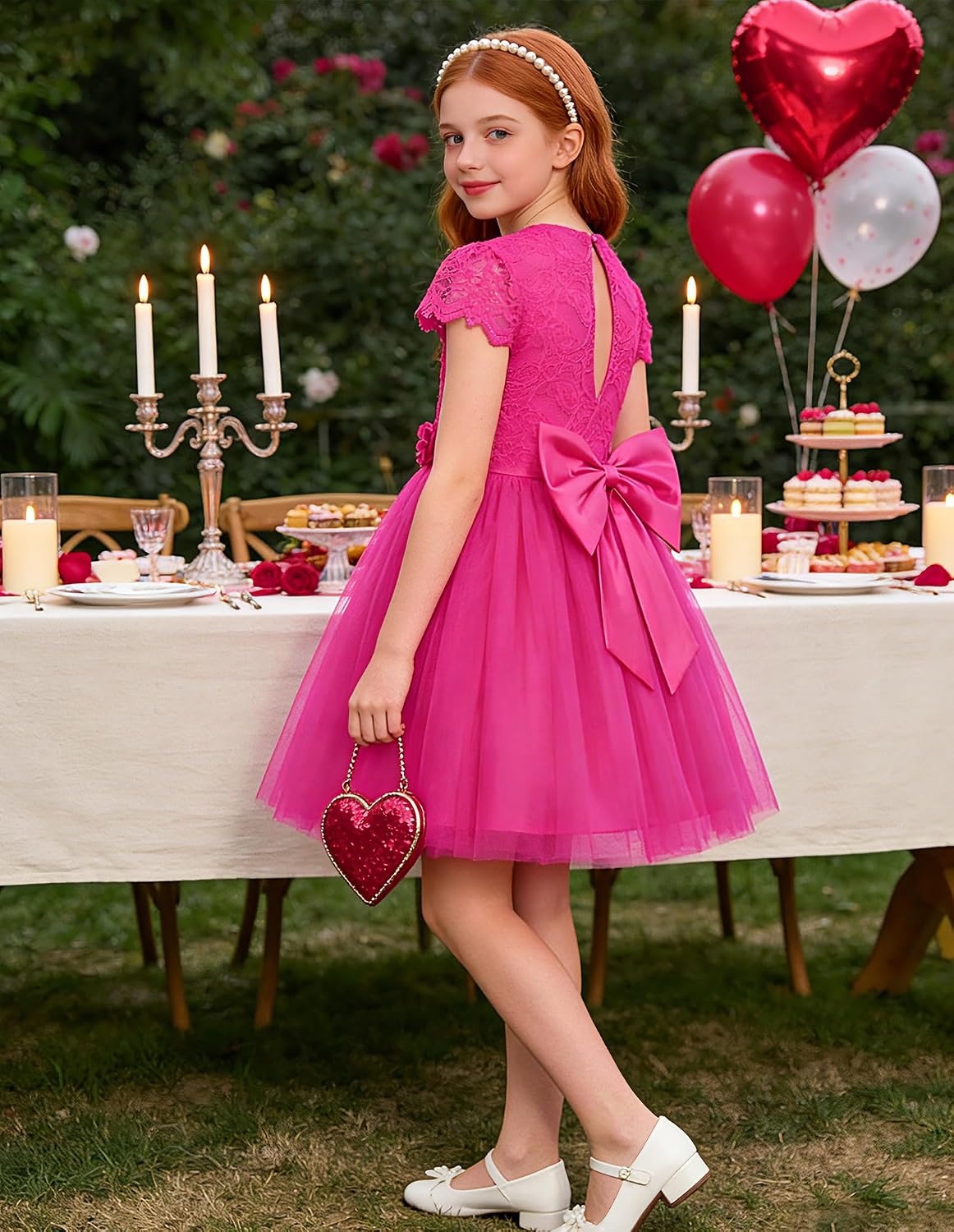 image:imageGRACE KARIN Flower Girl Dress Big Bow Kids Lace Tulle Princess Wedding GownHot Fuchsia