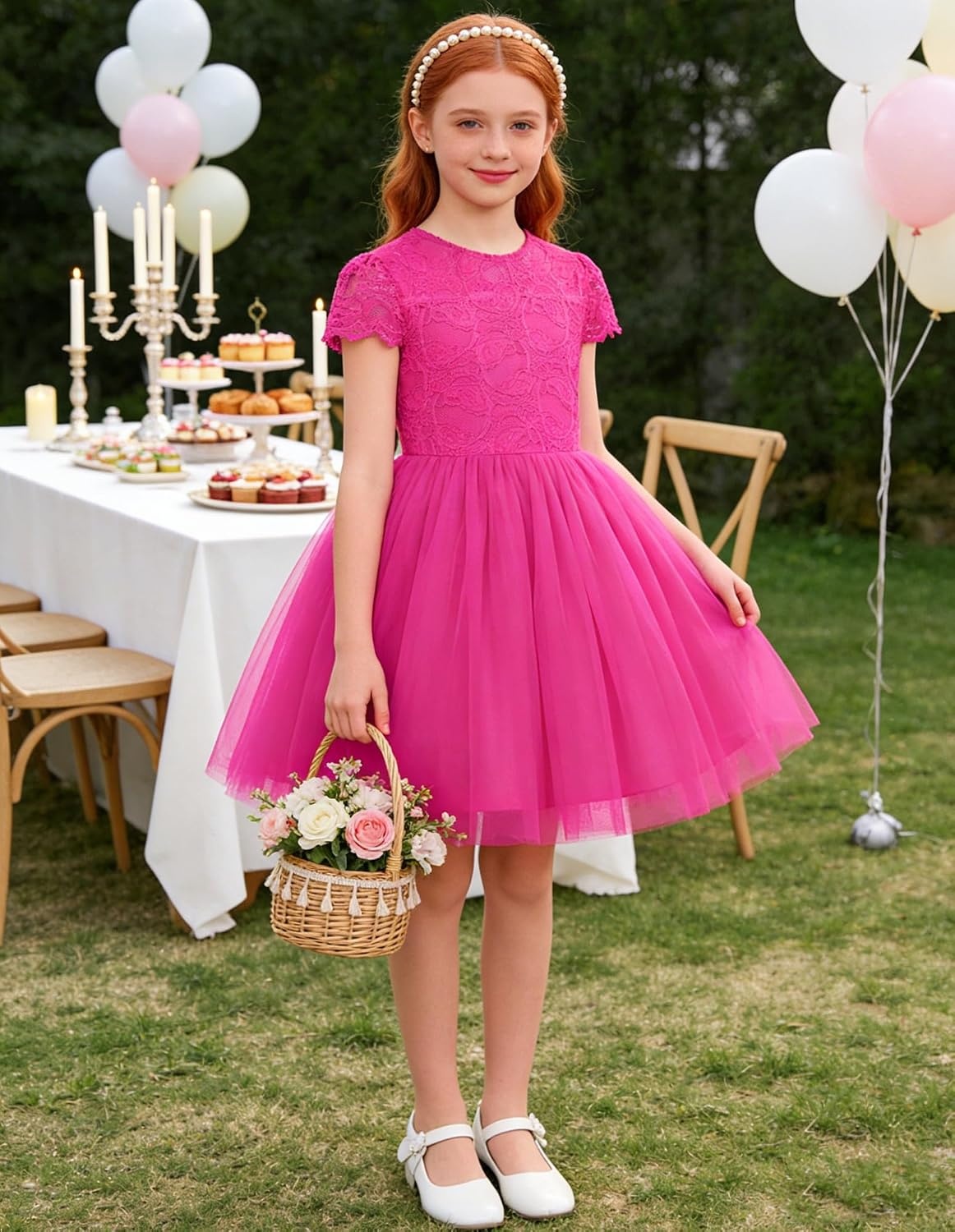 image:imageGRACE KARIN Flower Girl Dress Big Bow Kids Lace Tulle Princess Wedding GownHot Fuchsia