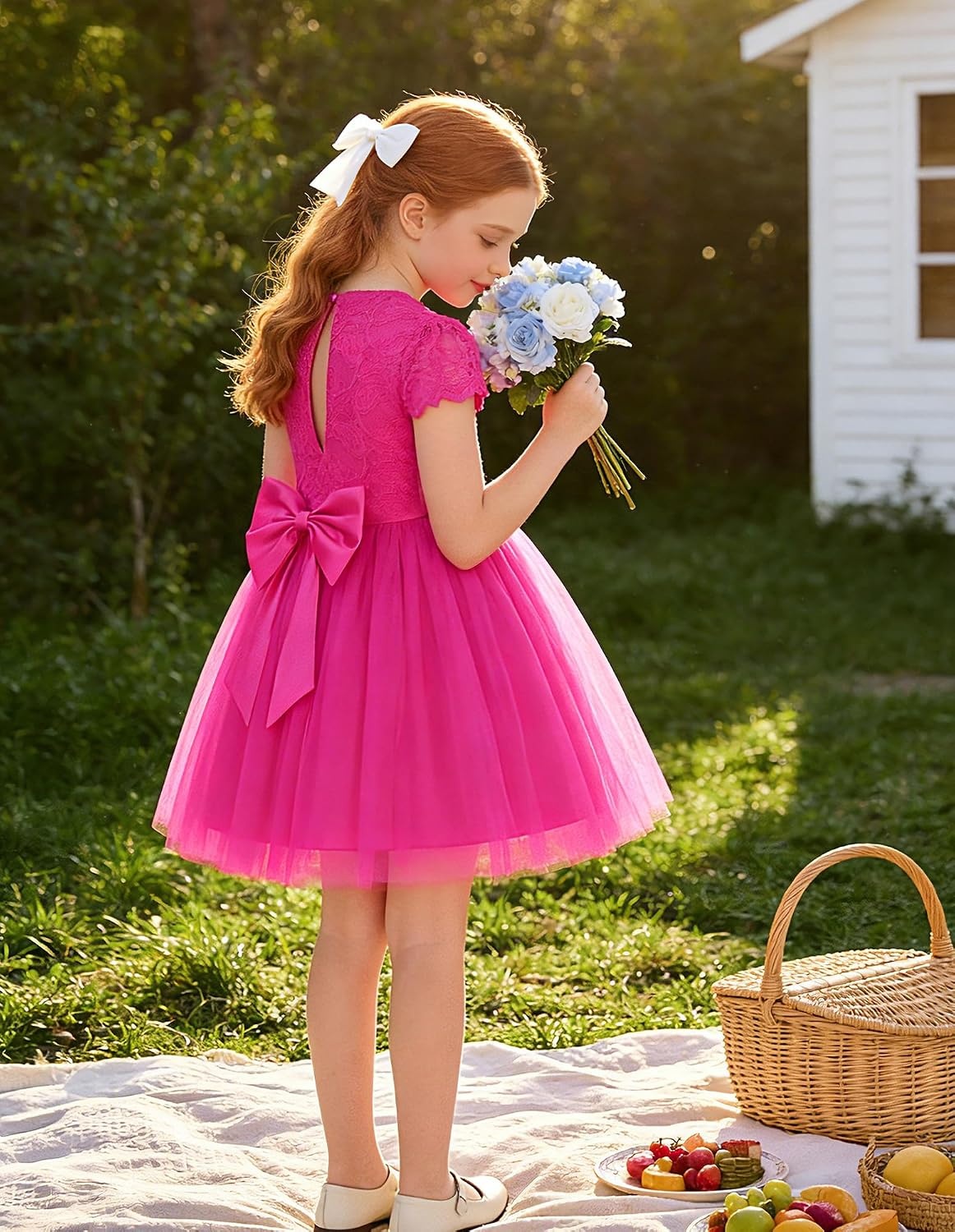 image:imageGRACE KARIN Flower Girl Dress Big Bow Kids Lace Tulle Princess Wedding GownHot Fuchsia