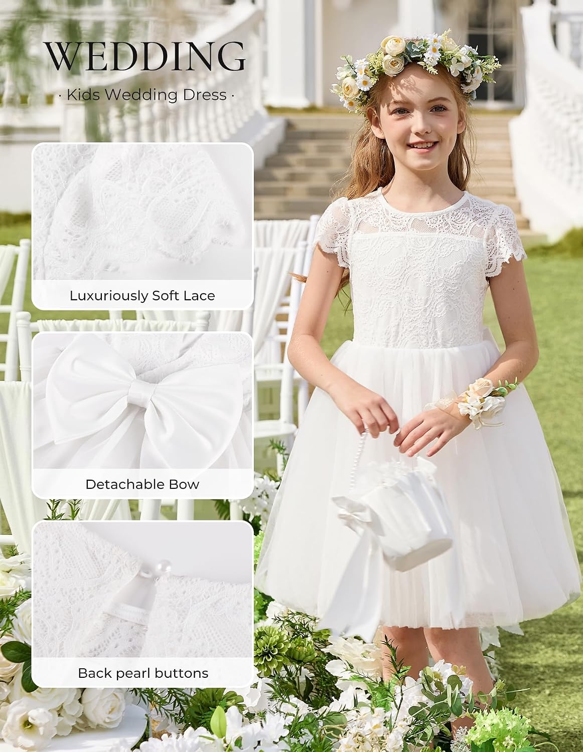 image:imageGRACE KARIN Flower Girl Dress Big Bow Kids Lace Tulle Princess Wedding GownIvory Whisper