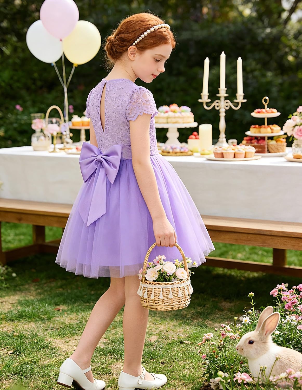 image:imageGRACE KARIN Flower Girl Dress Big Bow Kids Lace Tulle Princess Wedding GownLavender