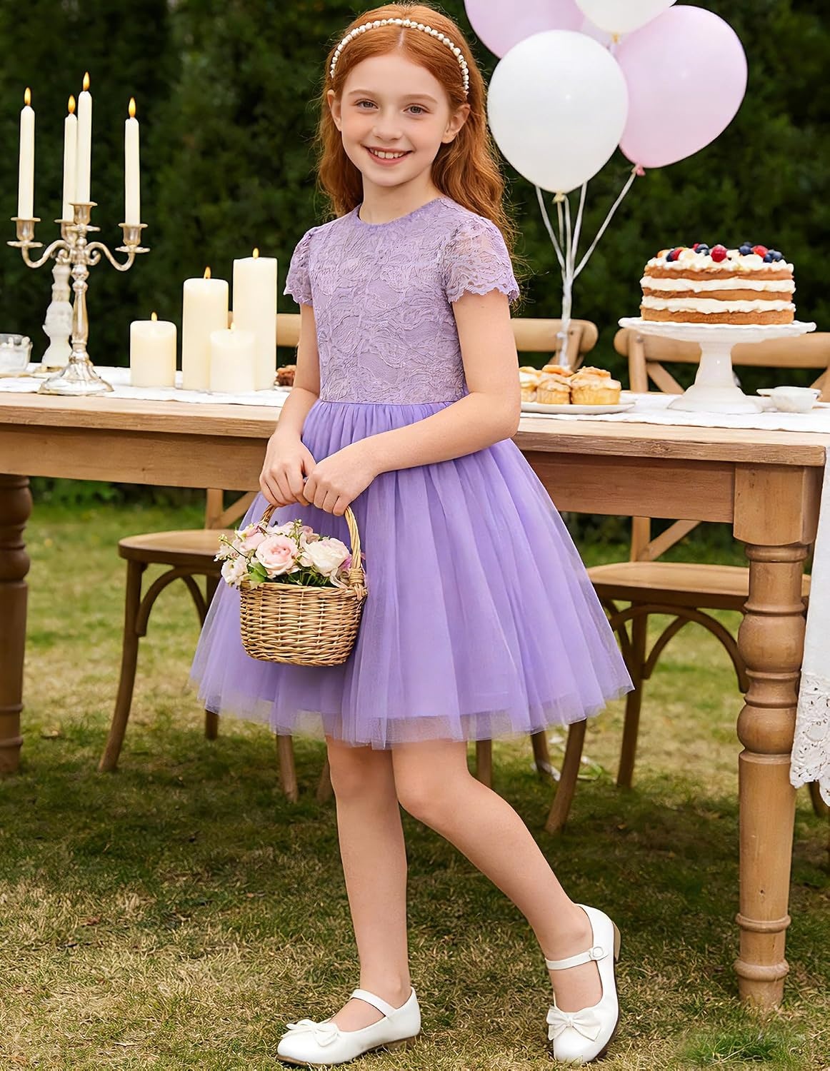 image:imageGRACE KARIN Flower Girl Dress Big Bow Kids Lace Tulle Princess Wedding GownLavender