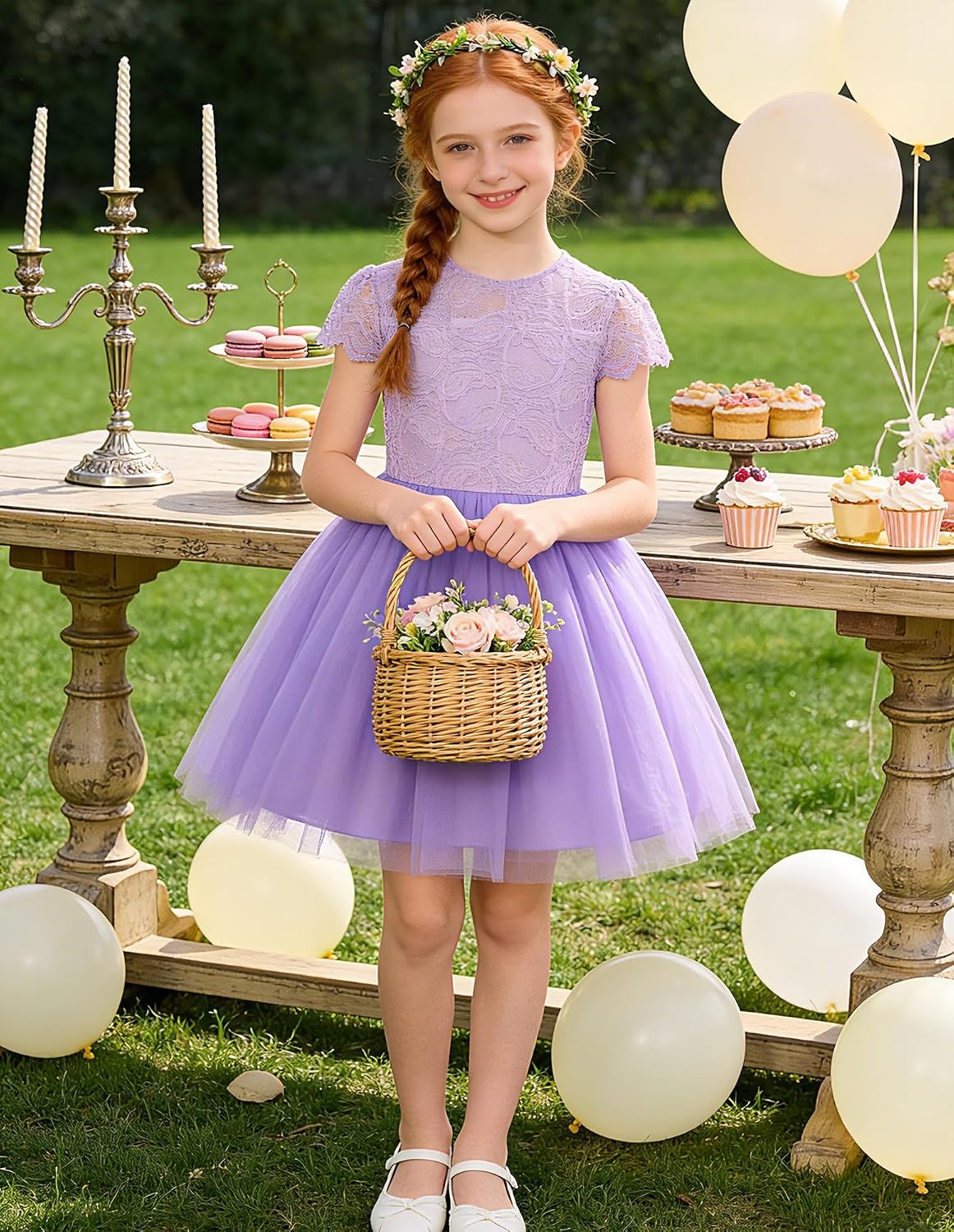 image:imageGRACE KARIN Flower Girl Dress Big Bow Kids Lace Tulle Princess Wedding GownLavender