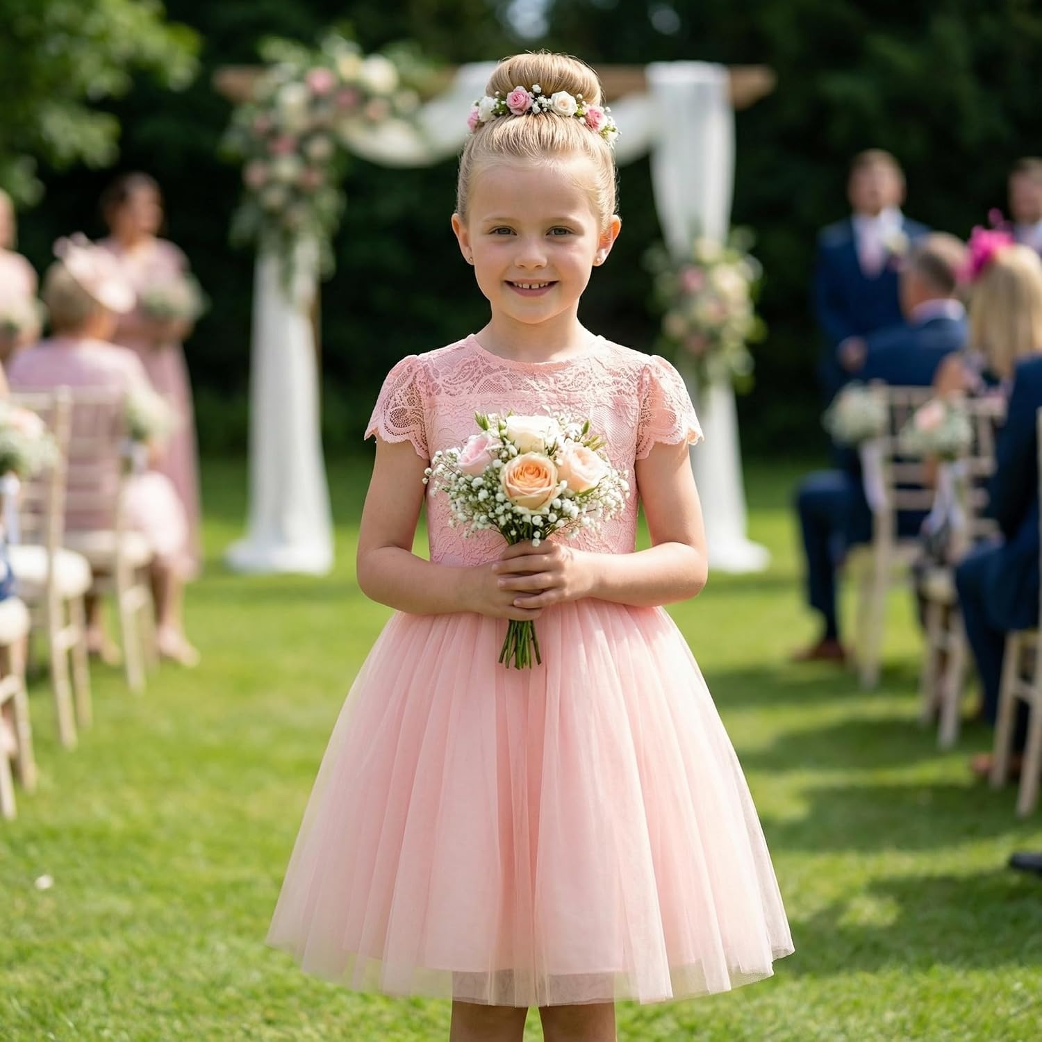 image:imageGRACE KARIN Flower Girl Dress Big Bow Kids Lace Tulle Princess Wedding GownOrange Pink