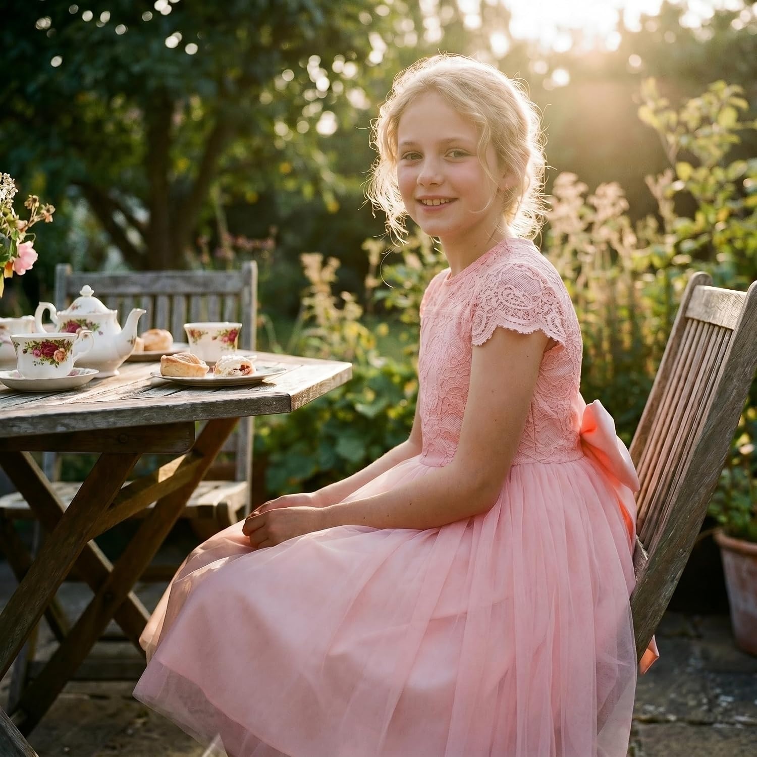 image:imageGRACE KARIN Flower Girl Dress Big Bow Kids Lace Tulle Princess Wedding GownOrange Pink