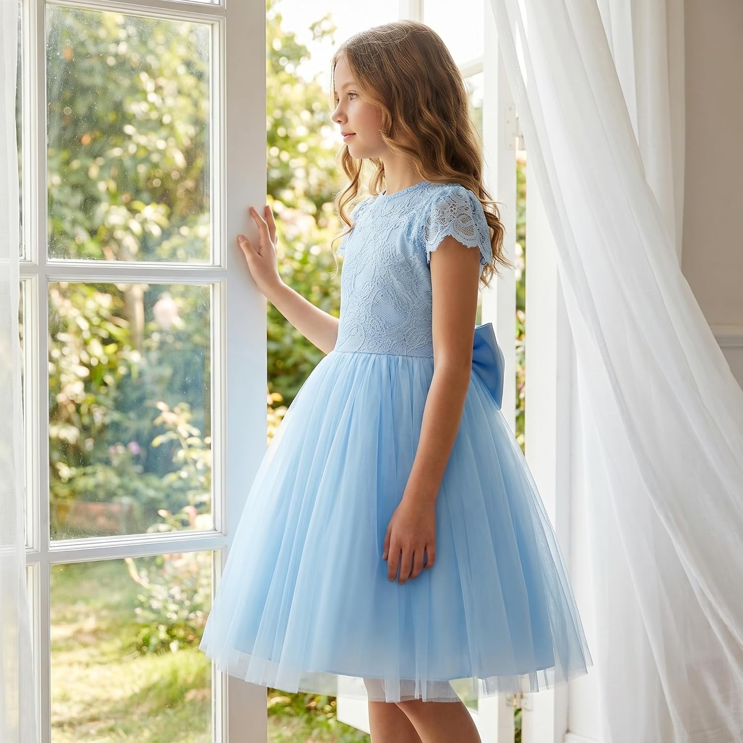 image:imageGRACE KARIN Flower Girl Dress Big Bow Kids Lace Tulle Princess Wedding GownPale Blue