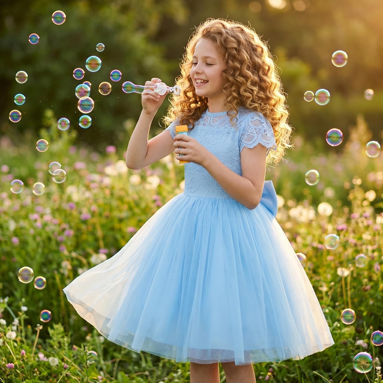 image:imageGRACE KARIN Flower Girl Dress Big Bow Kids Lace Tulle Princess Wedding GownPale Blue