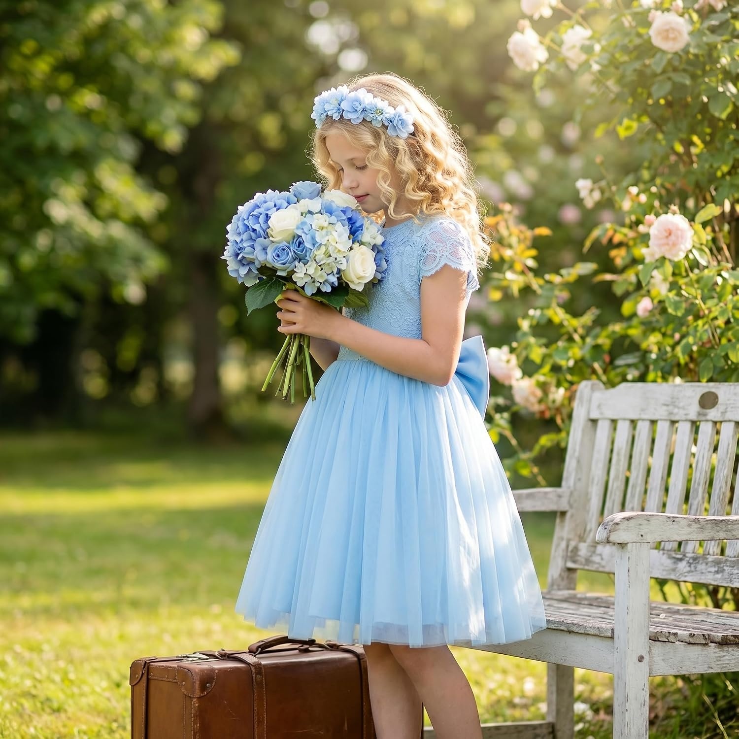 image:imageGRACE KARIN Flower Girl Dress Big Bow Kids Lace Tulle Princess Wedding GownPale Blue