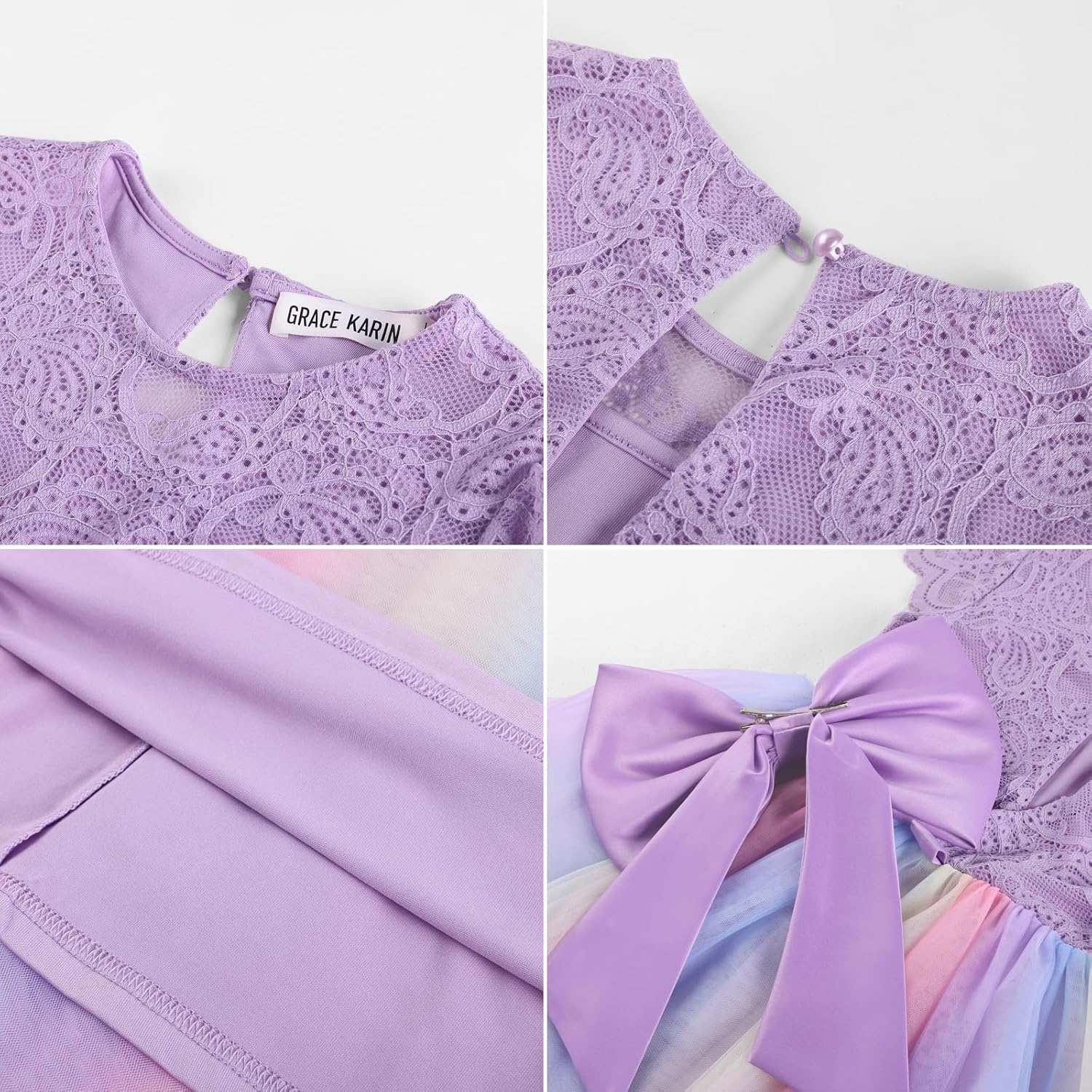 image:imageGRACE KARIN Flower Girl Dress Big Bow Kids Lace Tulle Princess Wedding GownPurple Rainbow