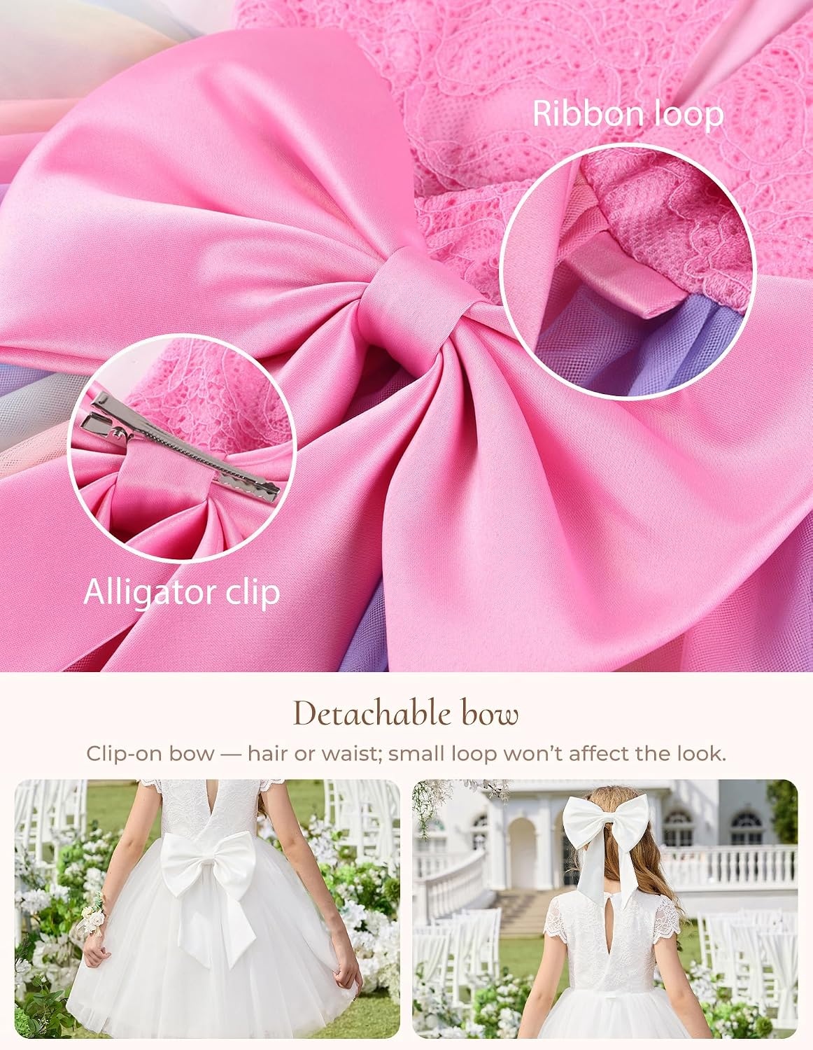 image:imageGRACE KARIN Flower Girl Dress Big Bow Kids Lace Tulle Princess Wedding GownRainbow Pink