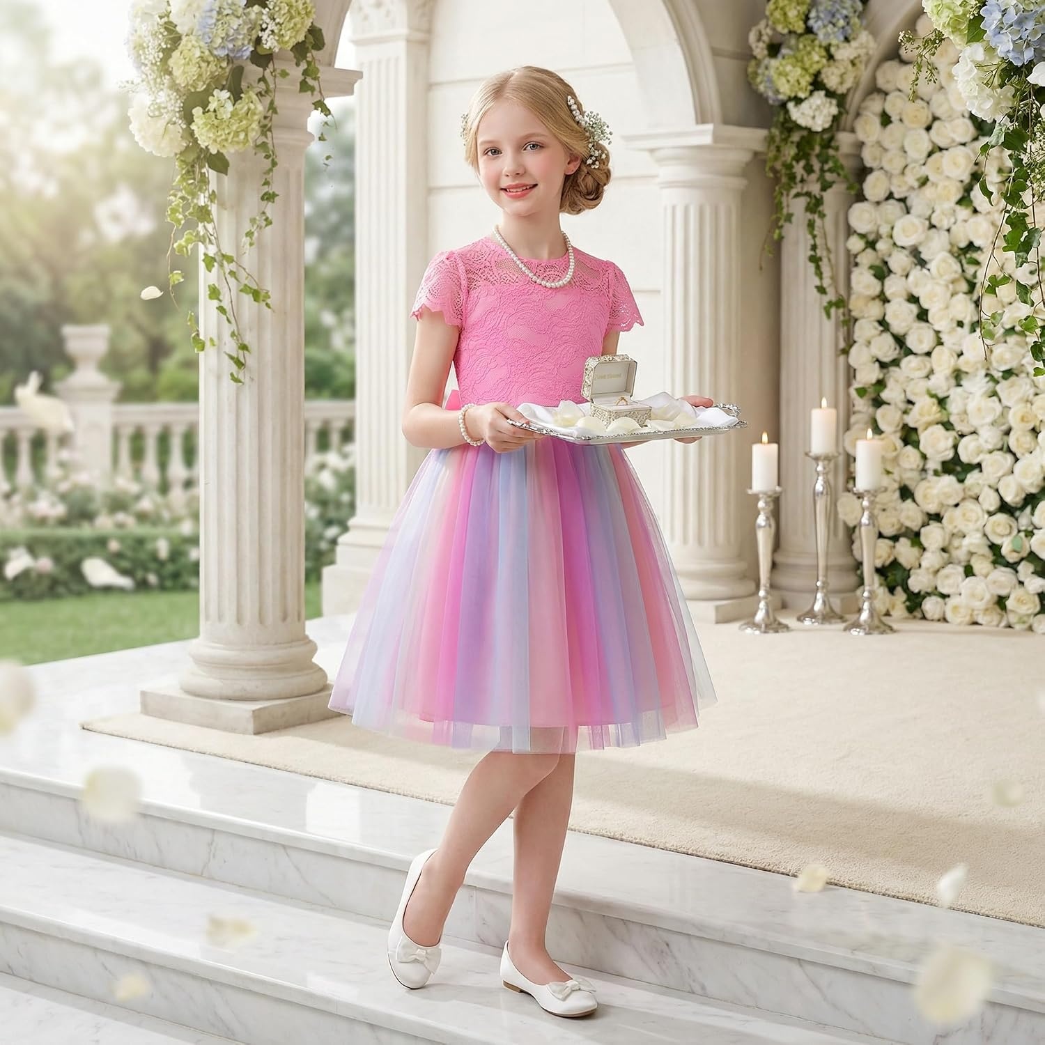 image:imageGRACE KARIN Flower Girl Dress Big Bow Kids Lace Tulle Princess Wedding GownRainbow Pink