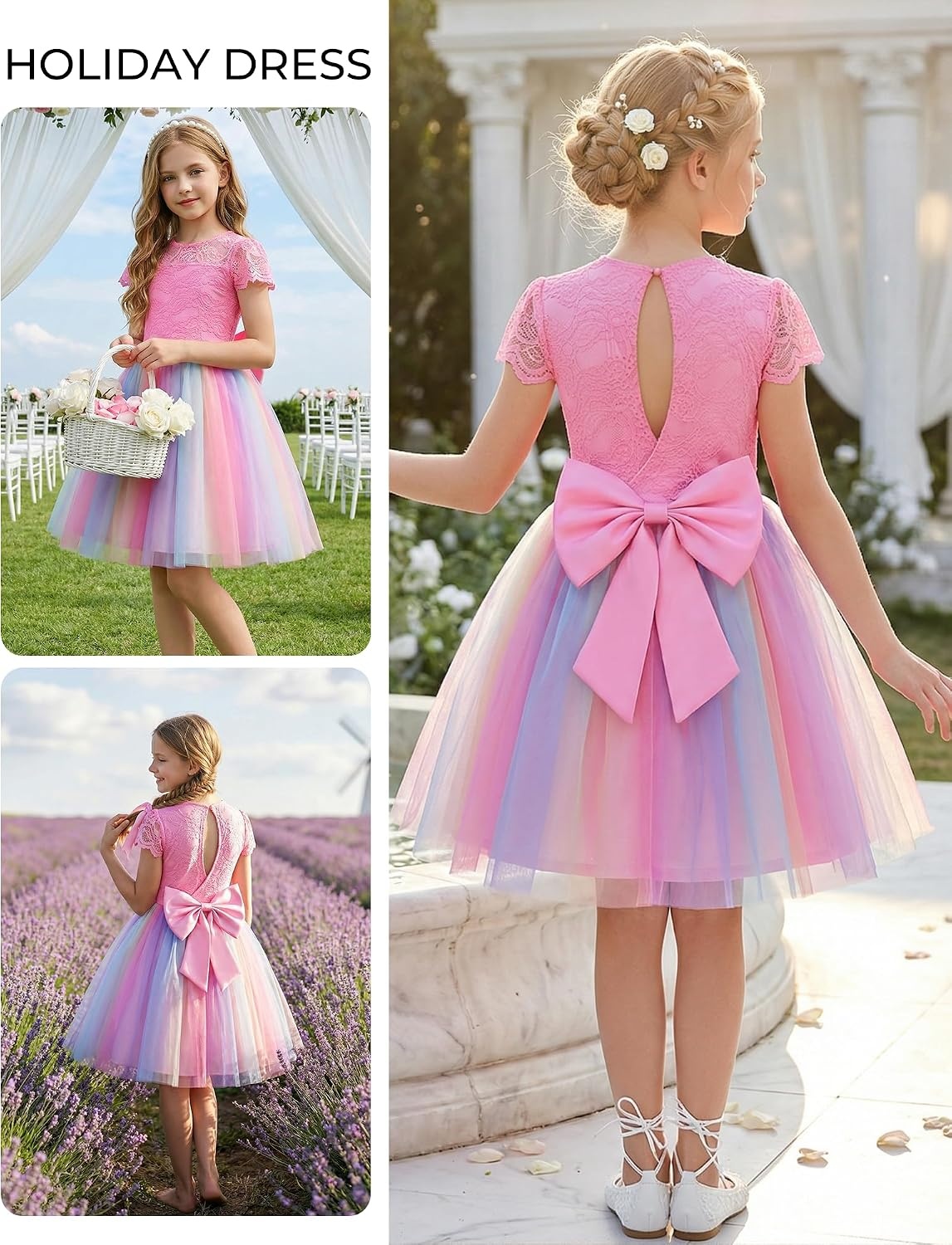image:imageGRACE KARIN Flower Girl Dress Big Bow Kids Lace Tulle Princess Wedding GownRainbow Pink