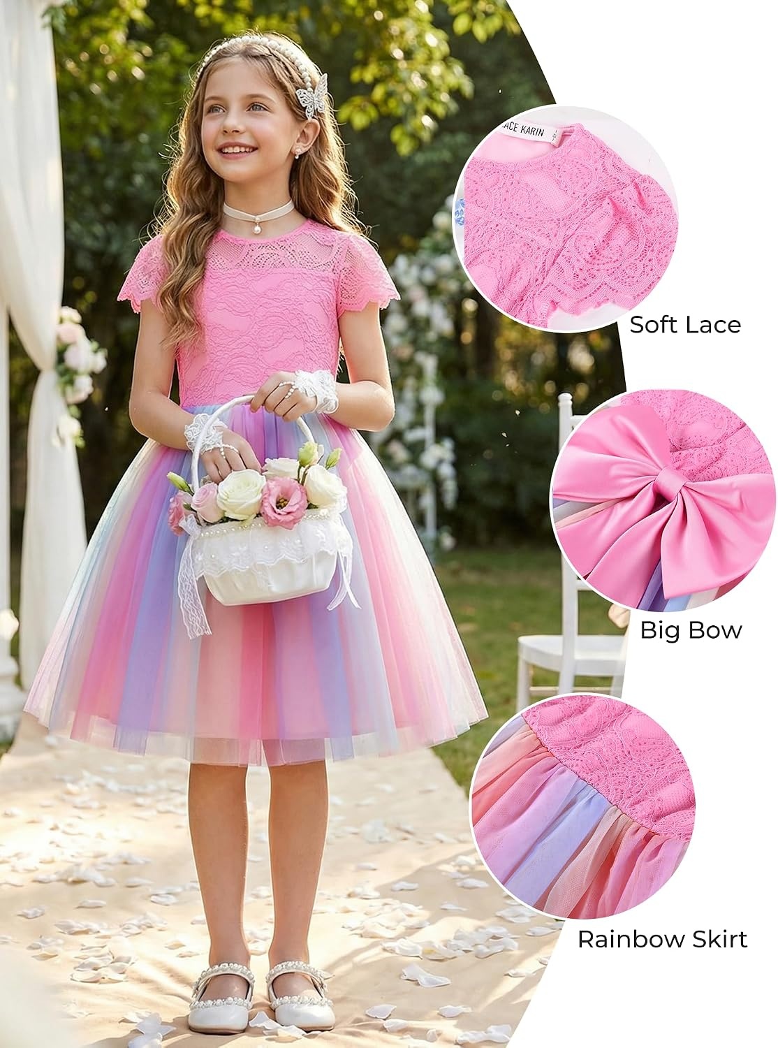 image:imageGRACE KARIN Flower Girl Dress Big Bow Kids Lace Tulle Princess Wedding GownRainbow Pink
