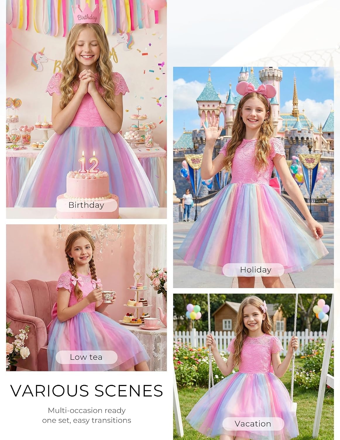 image:imageGRACE KARIN Flower Girl Dress Big Bow Kids Lace Tulle Princess Wedding GownRainbow Pink