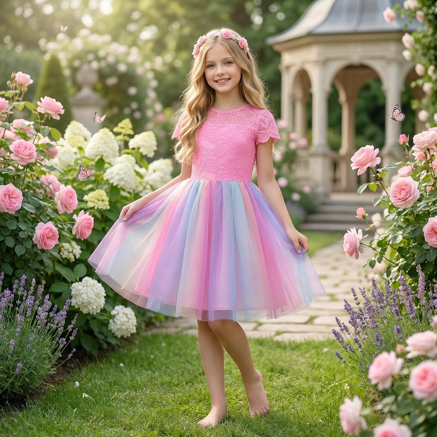 image:imageGRACE KARIN Flower Girl Dress Big Bow Kids Lace Tulle Princess Wedding GownRainbow Pink