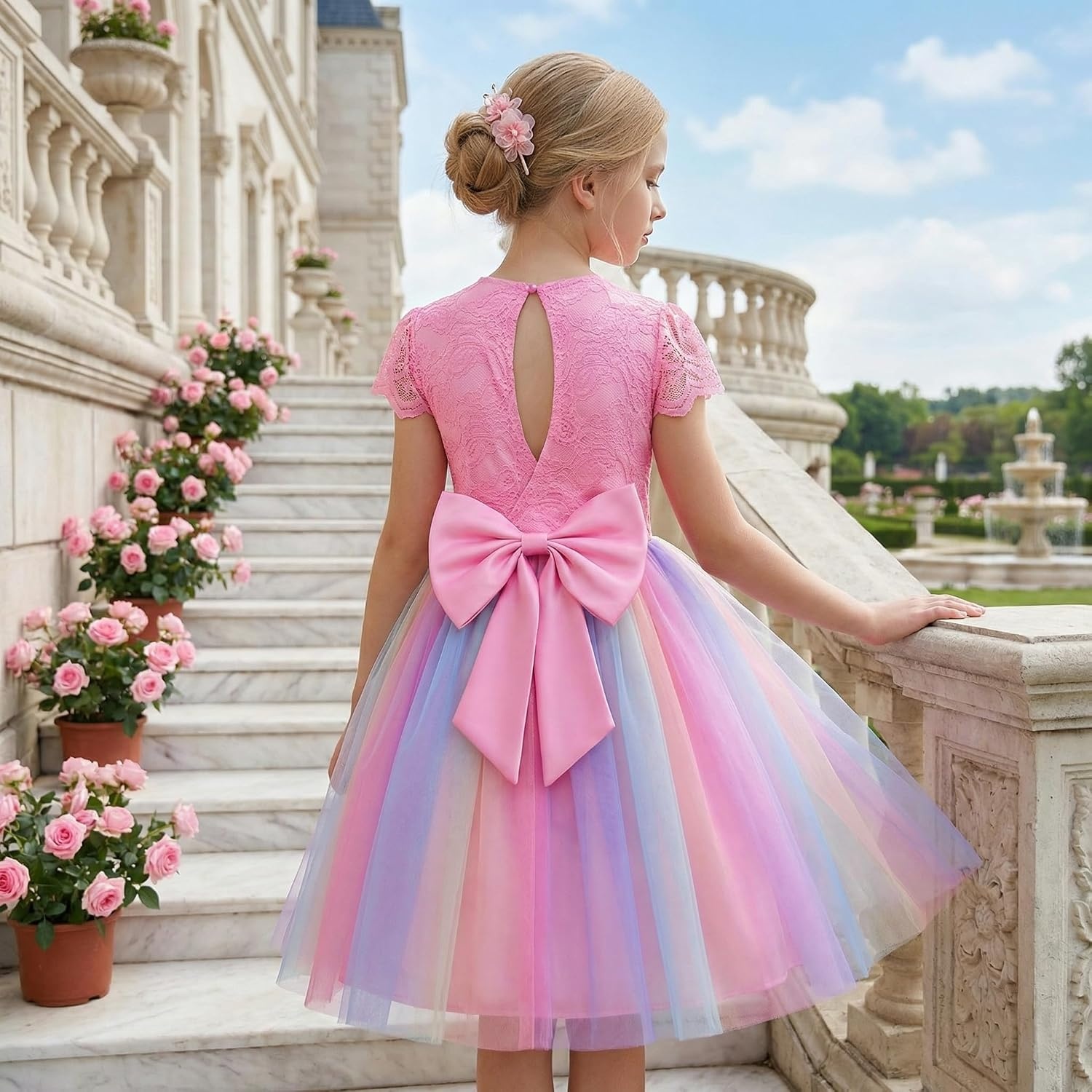 image:imageGRACE KARIN Flower Girl Dress Big Bow Kids Lace Tulle Princess Wedding GownRainbow Pink