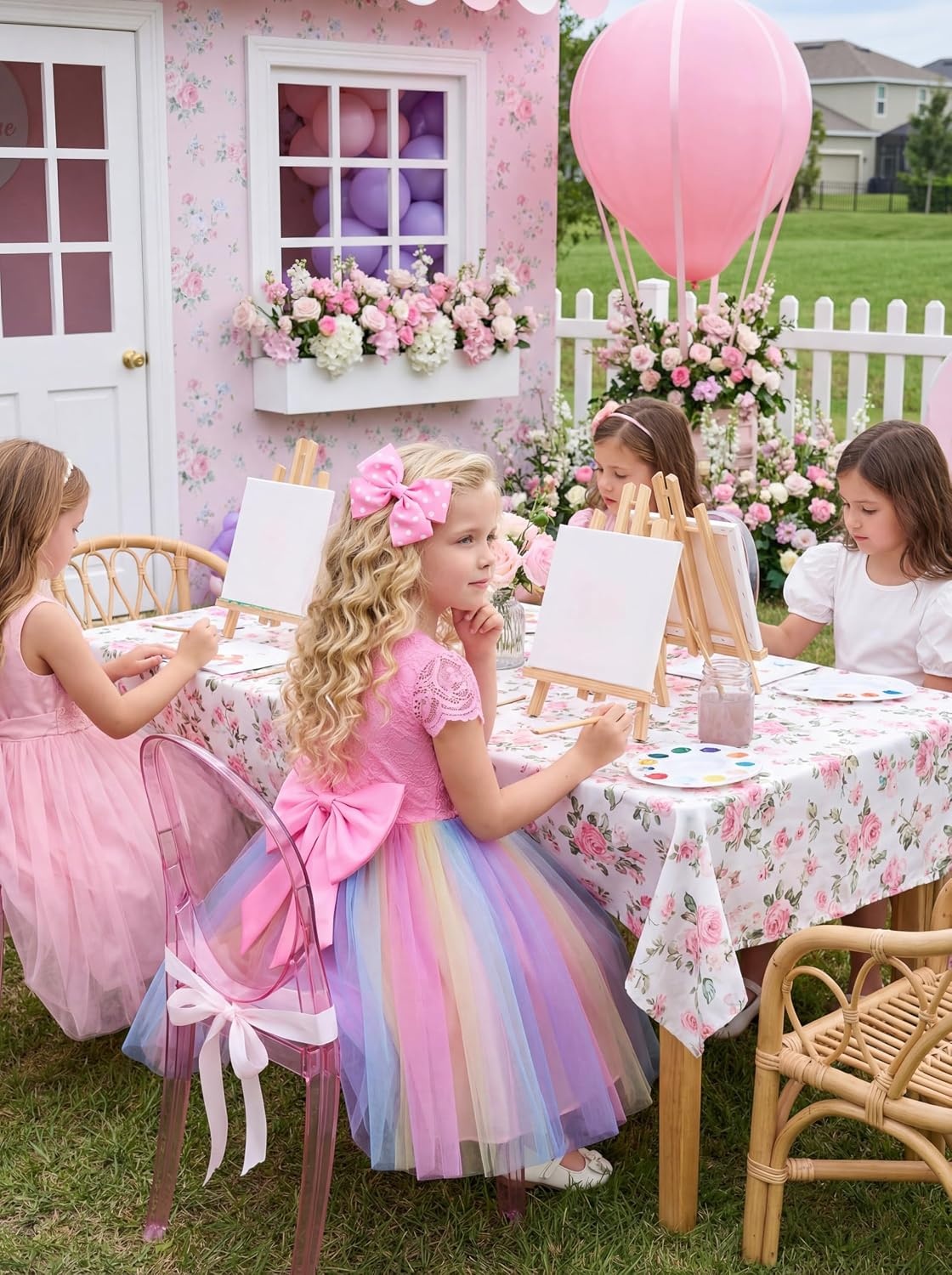image:imageGRACE KARIN Flower Girl Dress Big Bow Kids Lace Tulle Princess Wedding GownRainbow Pink