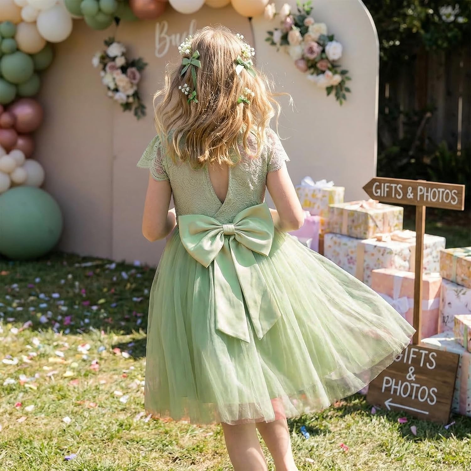 image:imageGRACE KARIN Flower Girl Dress Big Bow Kids Lace Tulle Princess Wedding GownSage Green