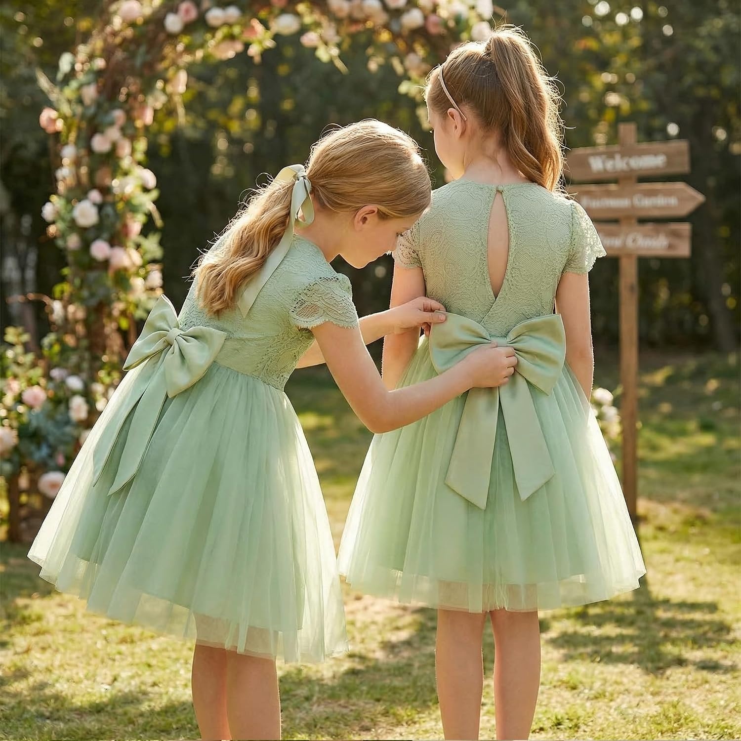 image:imageGRACE KARIN Flower Girl Dress Big Bow Kids Lace Tulle Princess Wedding GownSage Green
