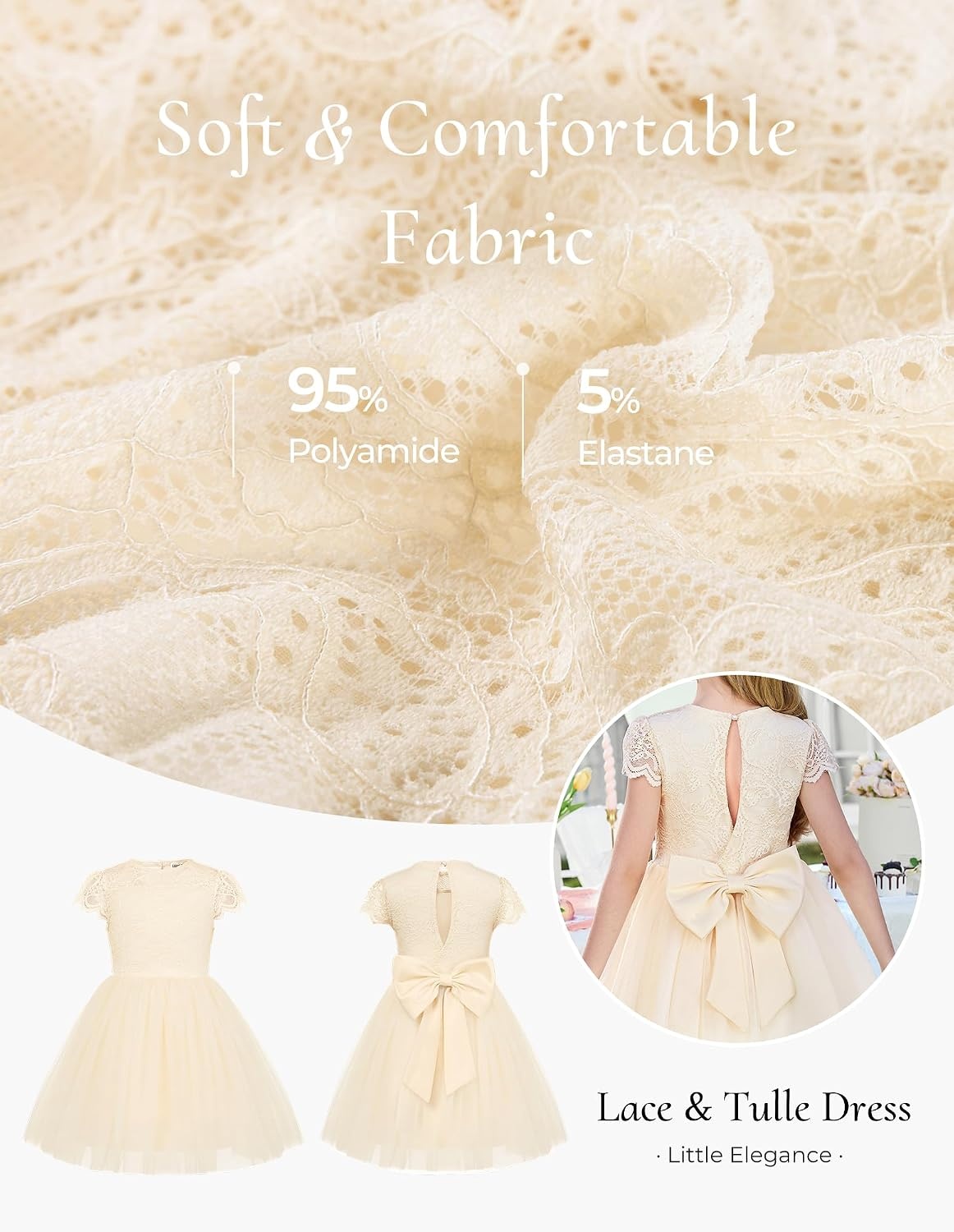 image:imageGRACE KARIN Flower Girl Dress Big Bow Kids Lace Tulle Princess Wedding GownVanilla Cream