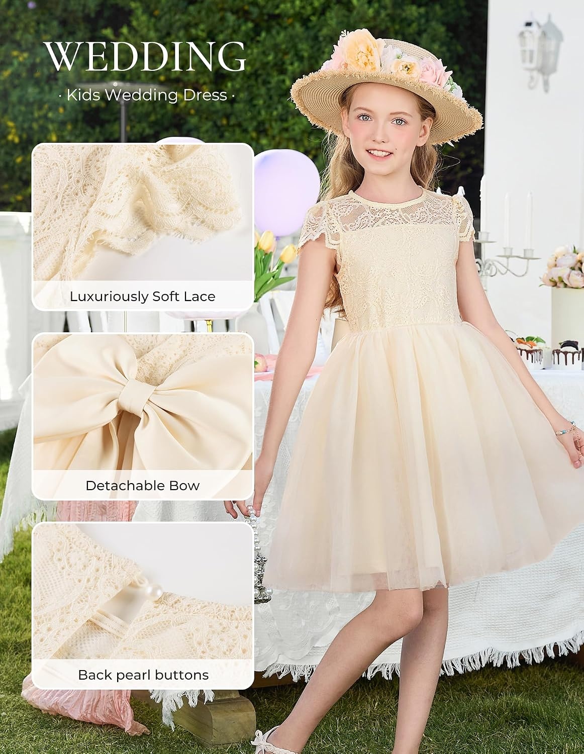 image:imageGRACE KARIN Flower Girl Dress Big Bow Kids Lace Tulle Princess Wedding GownVanilla Cream