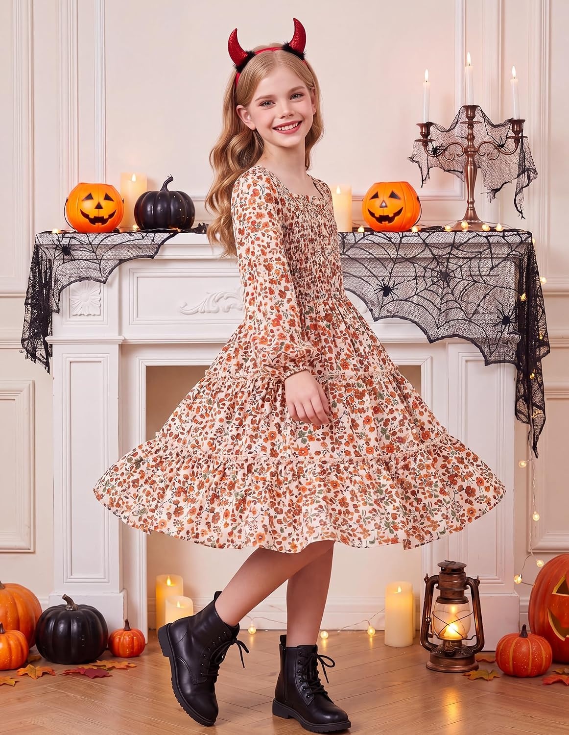 image:imageGRACE KARIN Girls Fall Long Sleeve Floral Christmas Teen Dress Size 614Apricot Orange Floral