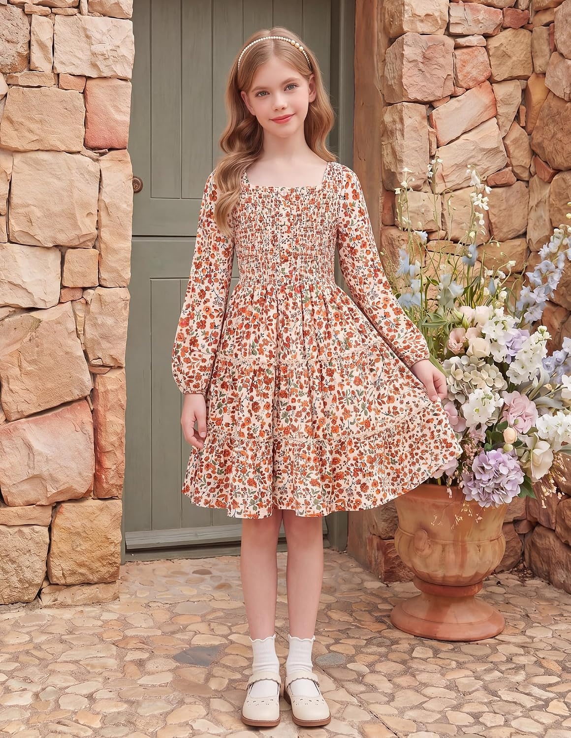image:imageGRACE KARIN Girls Fall Long Sleeve Floral Christmas Teen Dress Size 614Apricot Orange Floral