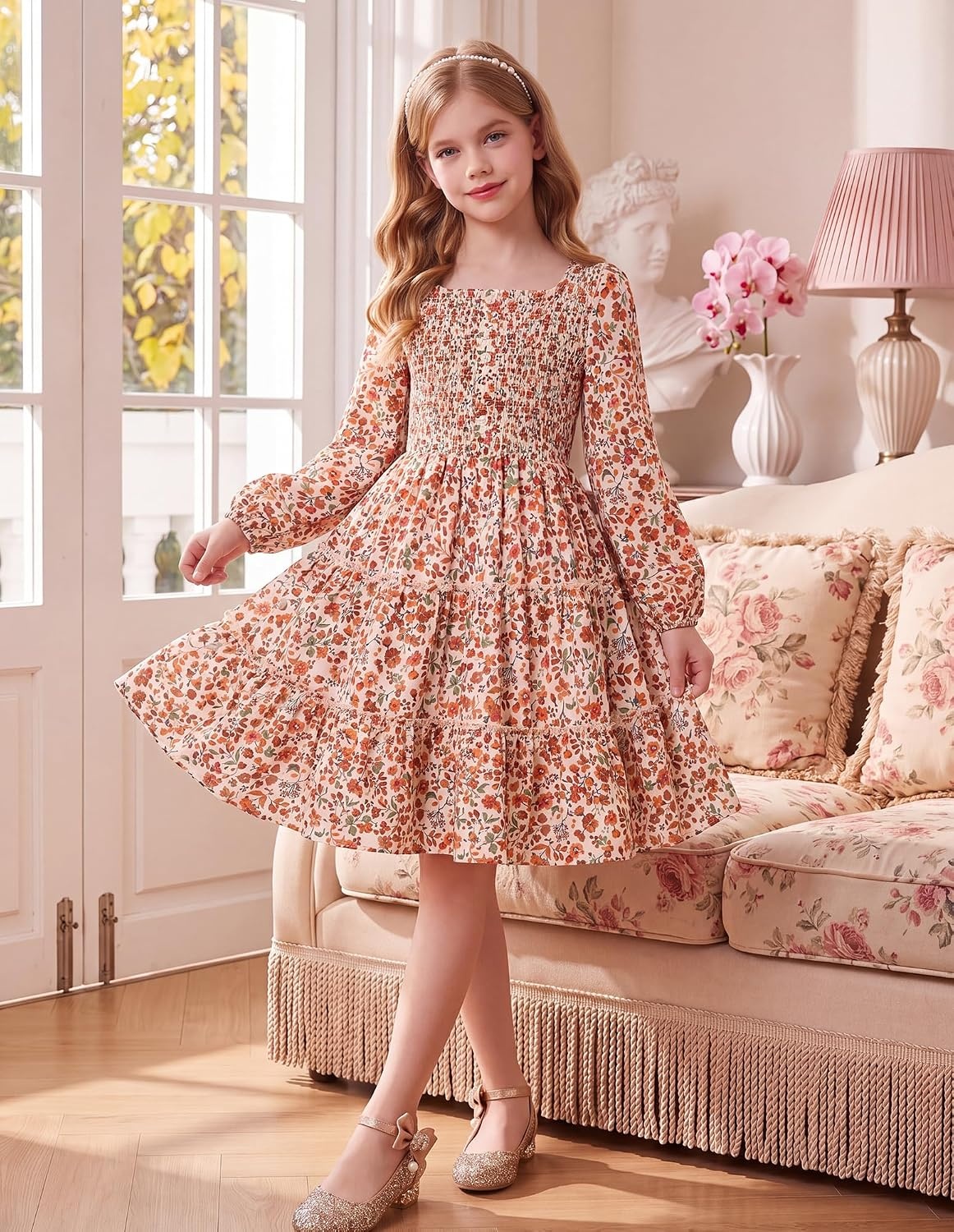 image:imageGRACE KARIN Girls Fall Long Sleeve Floral Christmas Teen Dress Size 614Apricot Orange Floral