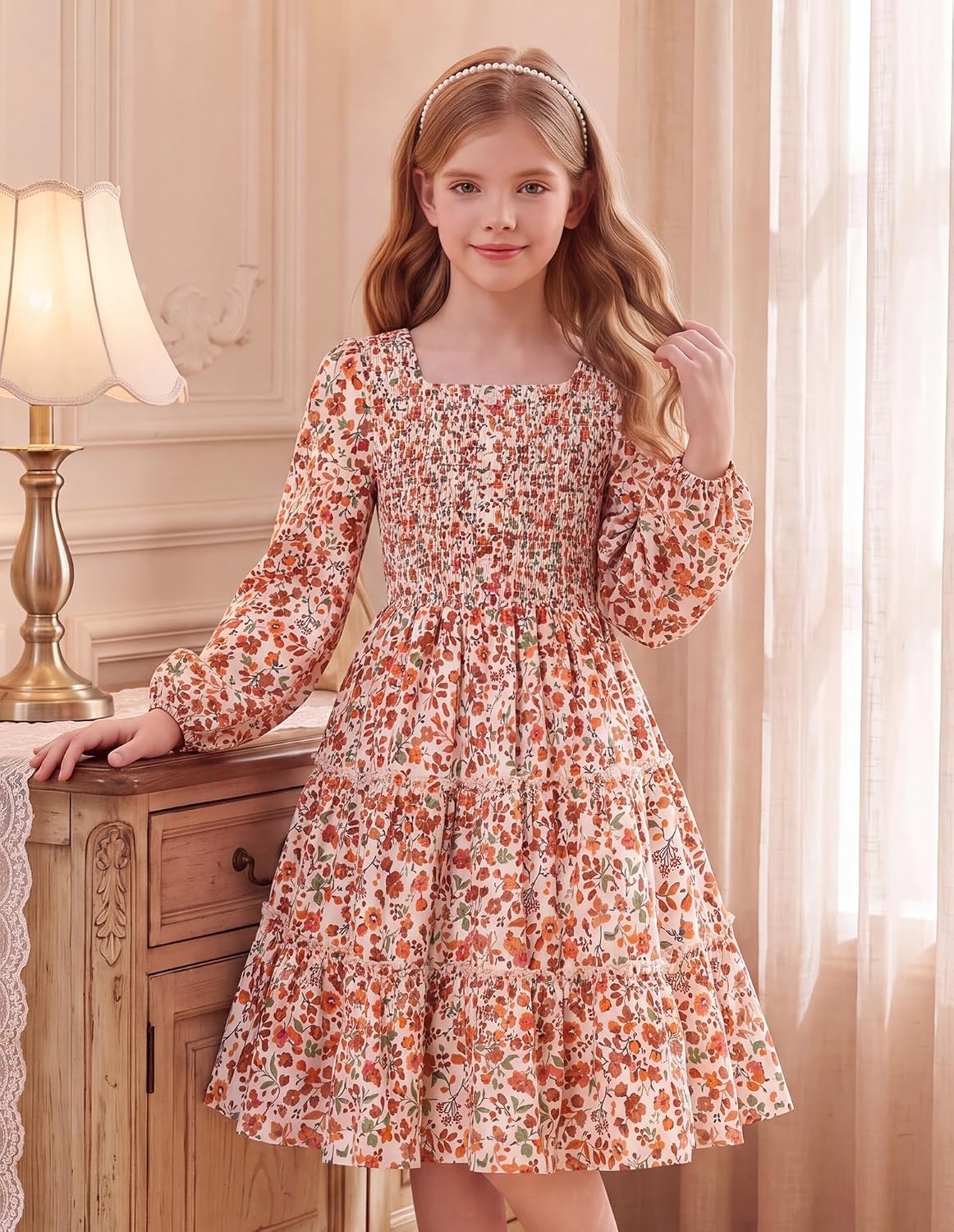 image:imageGRACE KARIN Girls Fall Long Sleeve Floral Christmas Teen Dress Size 614Apricot Orange Floral