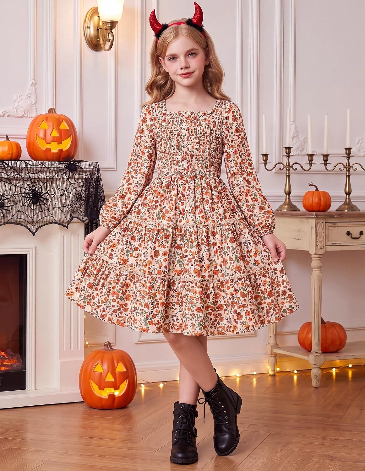 image:imageGRACE KARIN Girls Fall Long Sleeve Floral Christmas Teen Dress Size 614Apricot Orange Floral