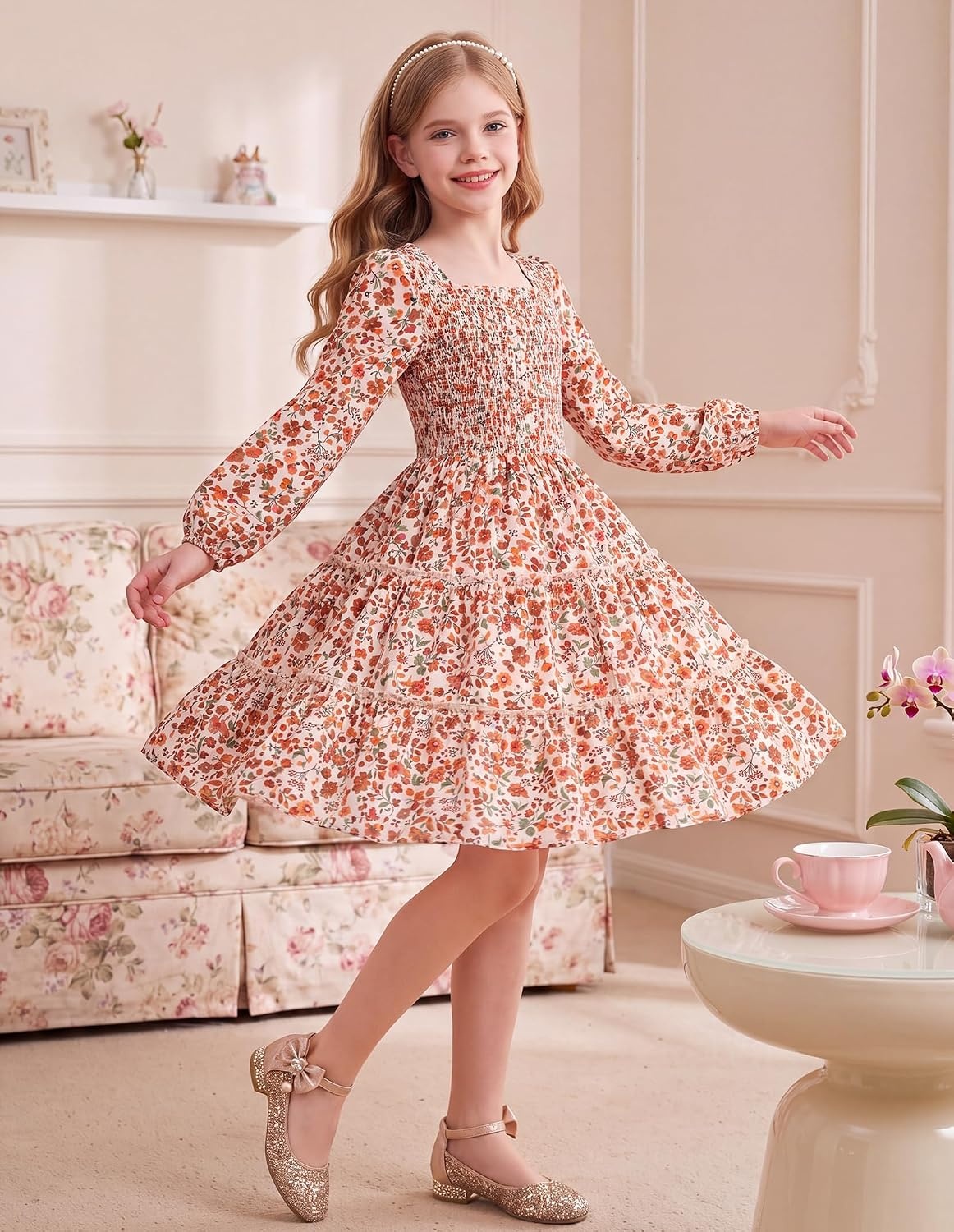 image:imageGRACE KARIN Girls Fall Long Sleeve Floral Christmas Teen Dress Size 614Apricot Orange Floral