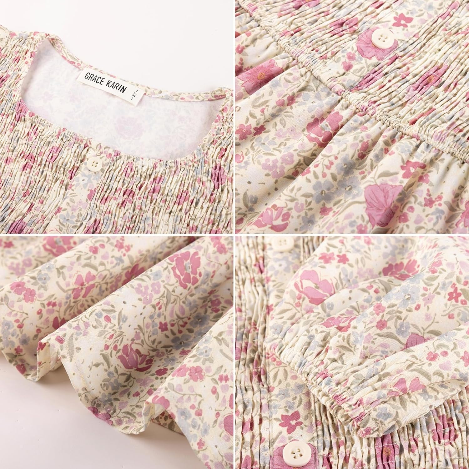 image:imageGRACE KARIN Girls Fall Long Sleeve Floral Christmas Teen Dress Size 614Apricot Pink Floral