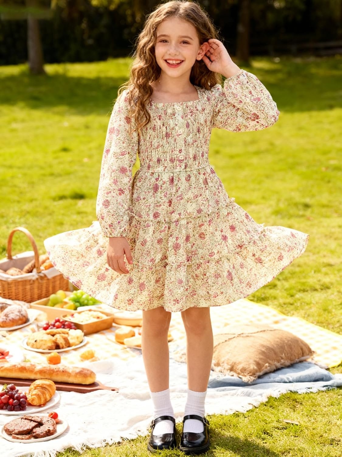 image:imageGRACE KARIN Girls Fall Long Sleeve Floral Christmas Teen Dress Size 614Apricot Pink Floral