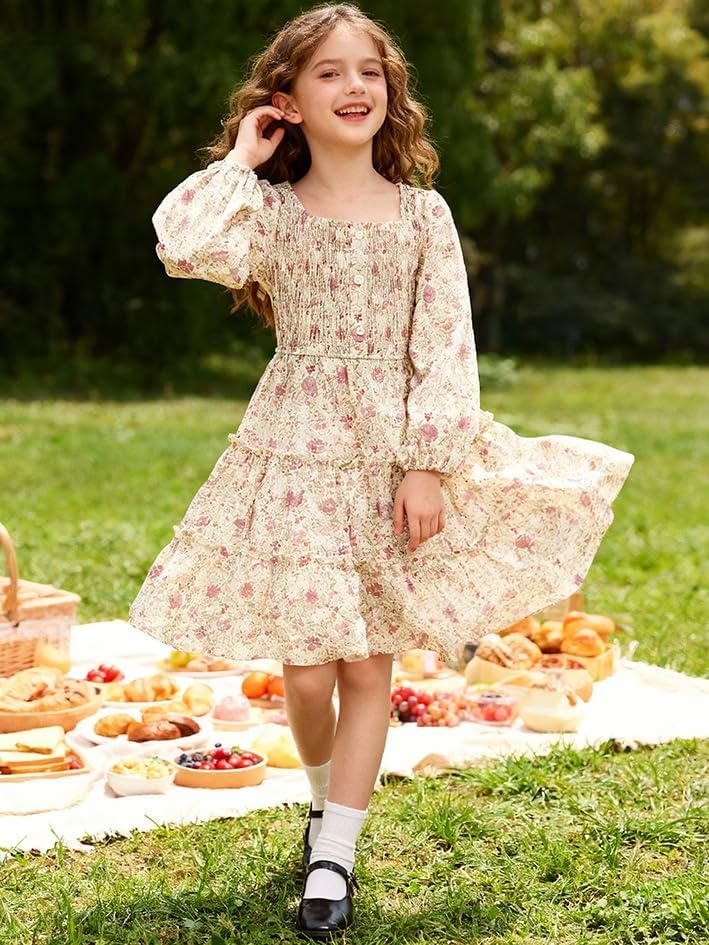 image:imageGRACE KARIN Girls Fall Long Sleeve Floral Christmas Teen Dress Size 614Apricot Pink Floral