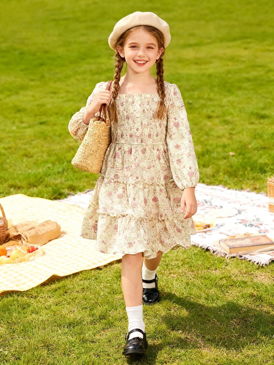 image:imageGRACE KARIN Girls Fall Long Sleeve Floral Christmas Teen Dress Size 614Apricot Pink Floral