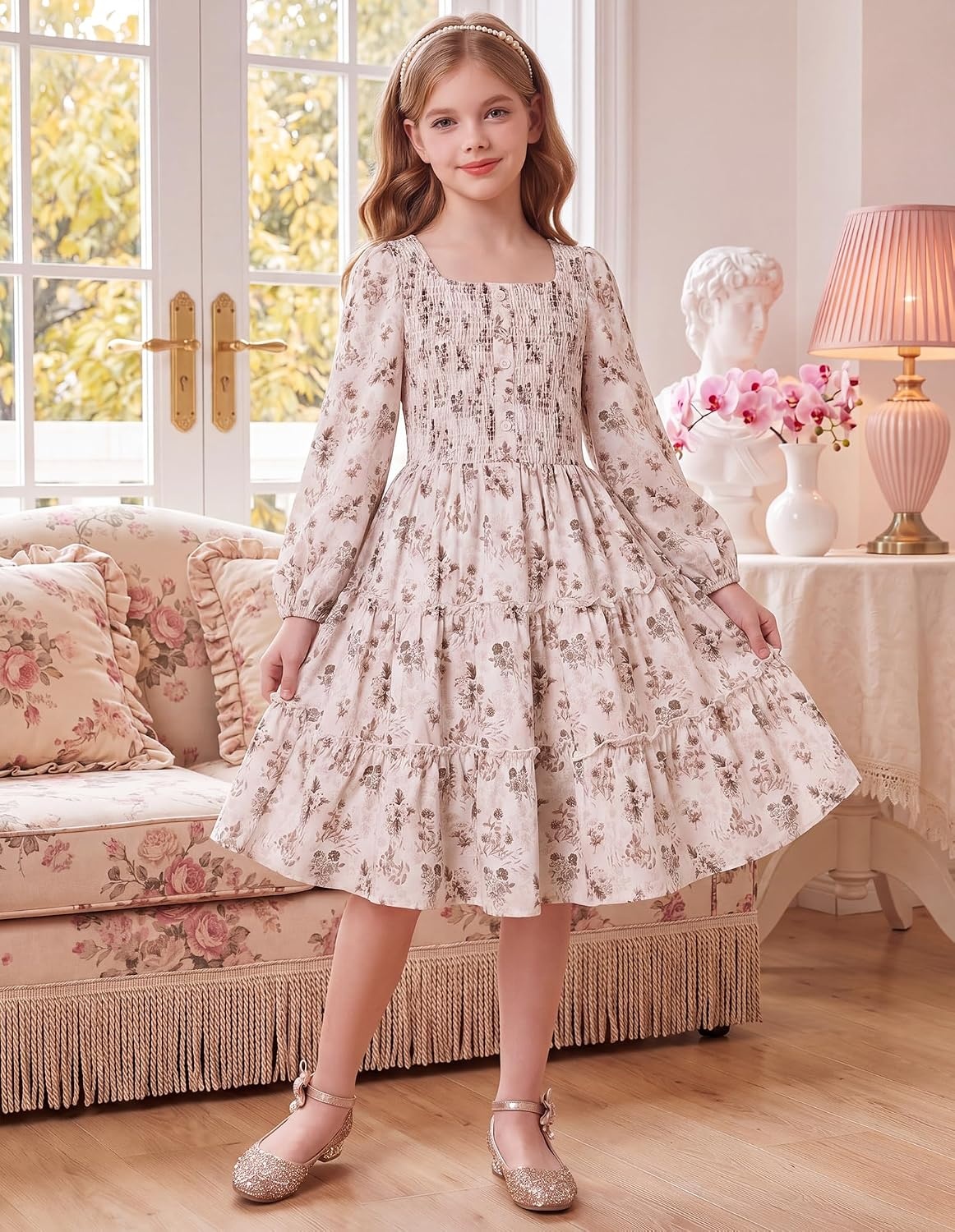 image:imageGRACE KARIN Girls Fall Long Sleeve Floral Christmas Teen Dress Size 614Beige Brown Floral