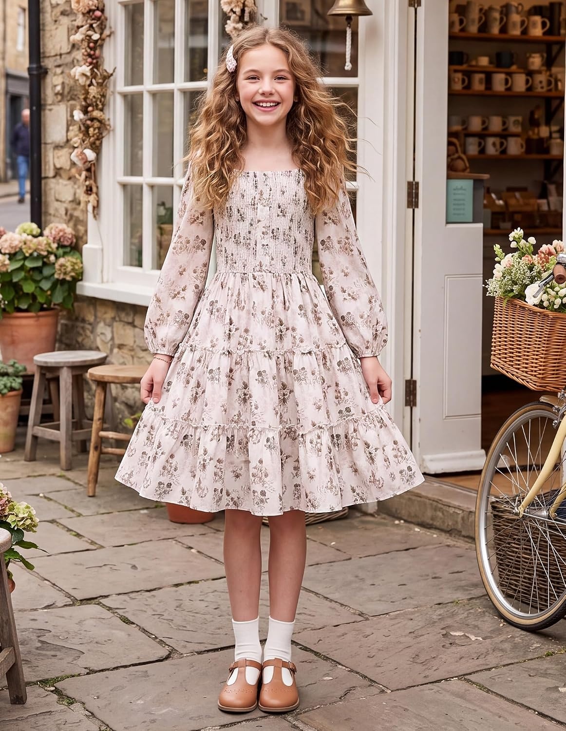 image:imageGRACE KARIN Girls Fall Long Sleeve Floral Christmas Teen Dress Size 614Beige Brown Floral