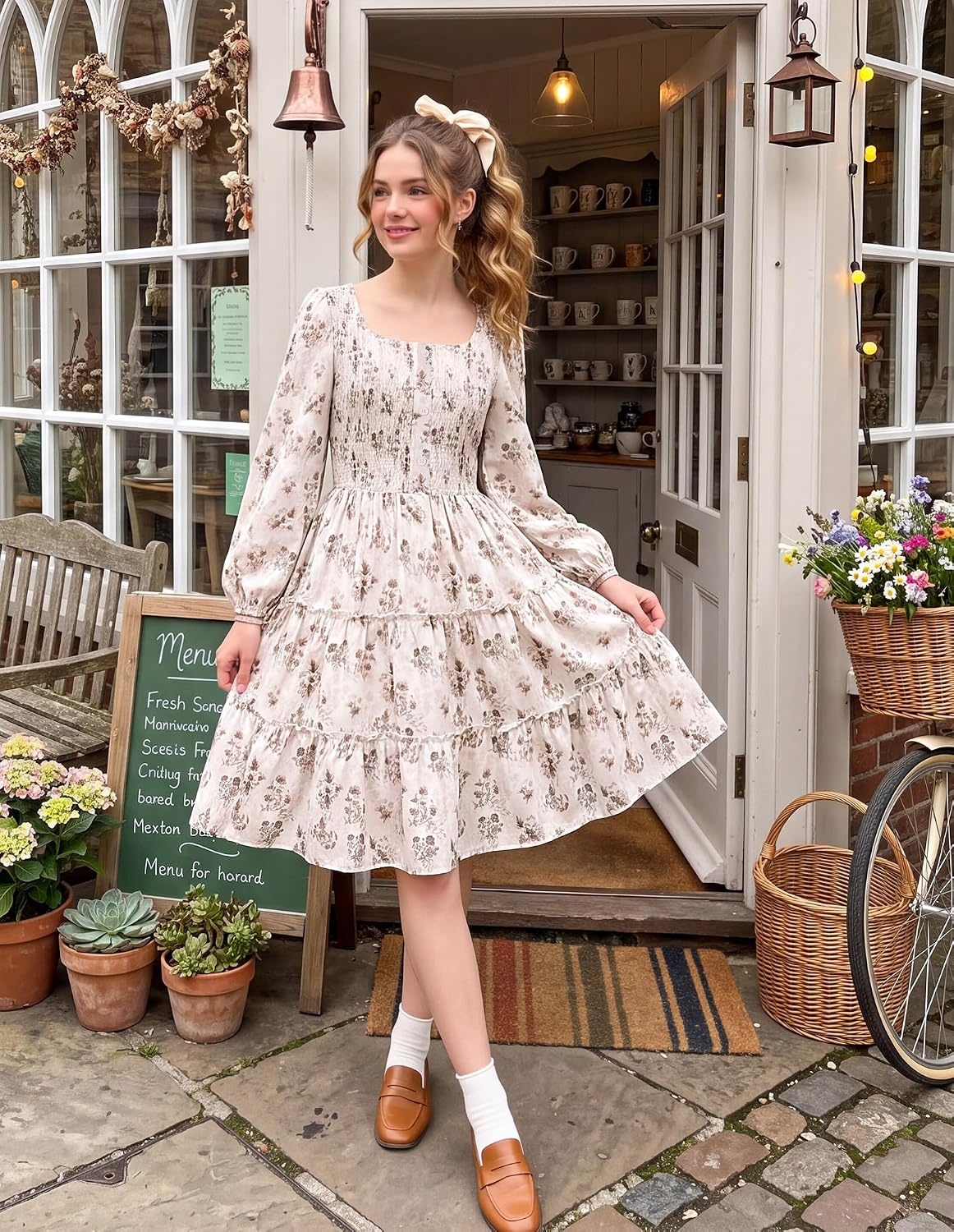 image:imageGRACE KARIN Girls Fall Long Sleeve Floral Christmas Teen Dress Size 614Beige Brown Floral