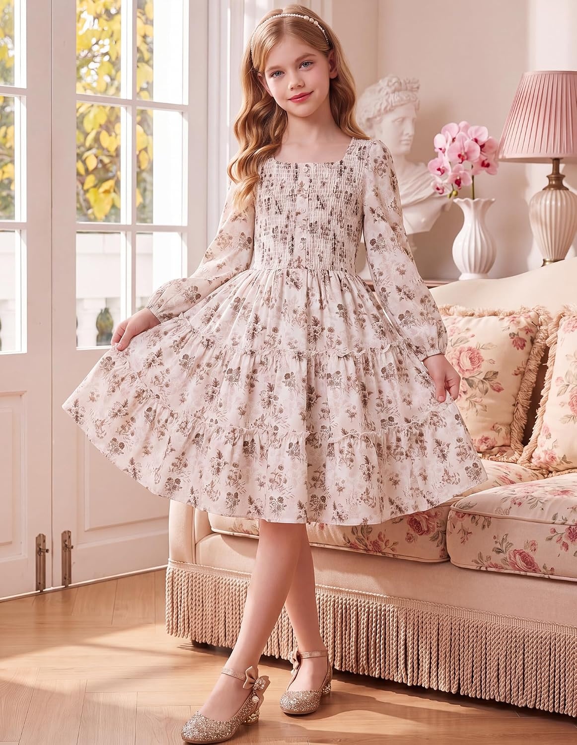 image:imageGRACE KARIN Girls Fall Long Sleeve Floral Christmas Teen Dress Size 614Beige Brown Floral