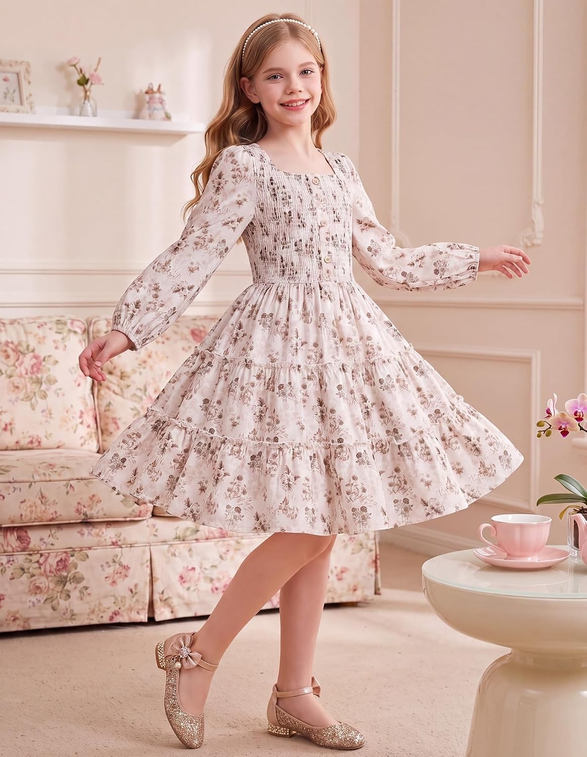 image:imageGRACE KARIN Girls Fall Long Sleeve Floral Christmas Teen Dress Size 614Beige Brown Floral