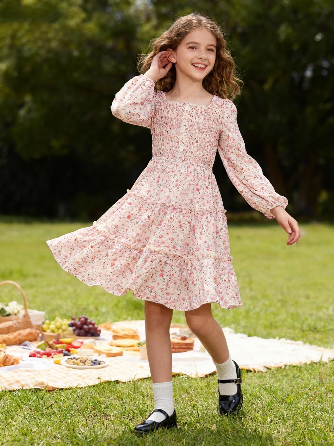 image:imageGRACE KARIN Girls Fall Long Sleeve Floral Christmas Teen Dress Size 614Beige Orange Floral