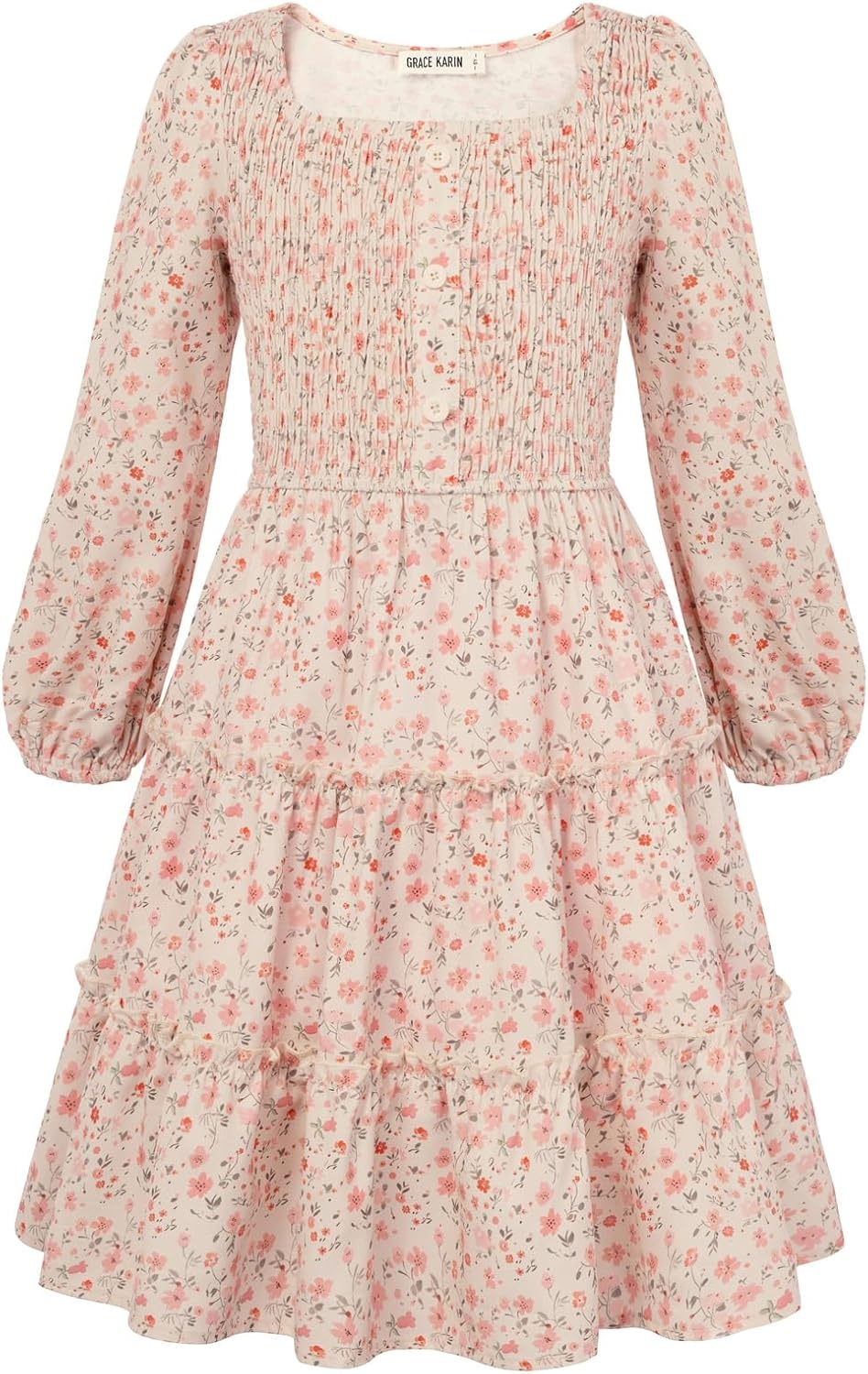 image:imageGRACE KARIN Girls Fall Long Sleeve Floral Christmas Teen Dress Size 614Beige Orange Floral
