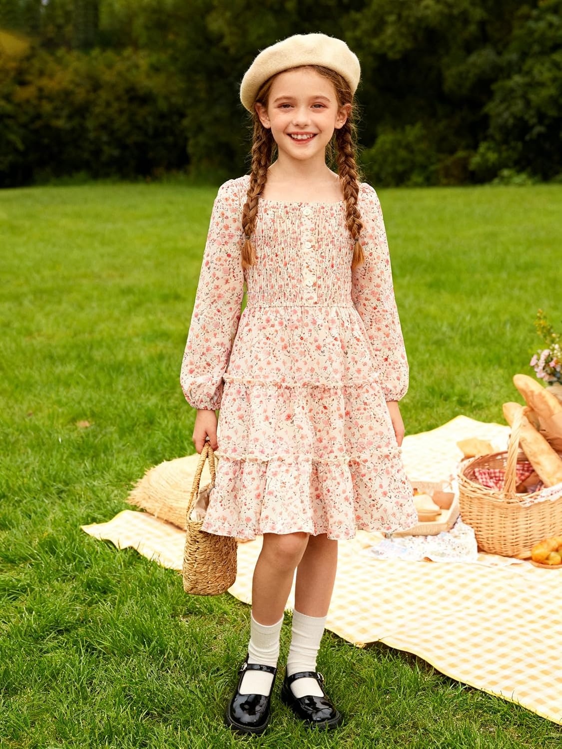 image:imageGRACE KARIN Girls Fall Long Sleeve Floral Christmas Teen Dress Size 614Beige Orange Floral