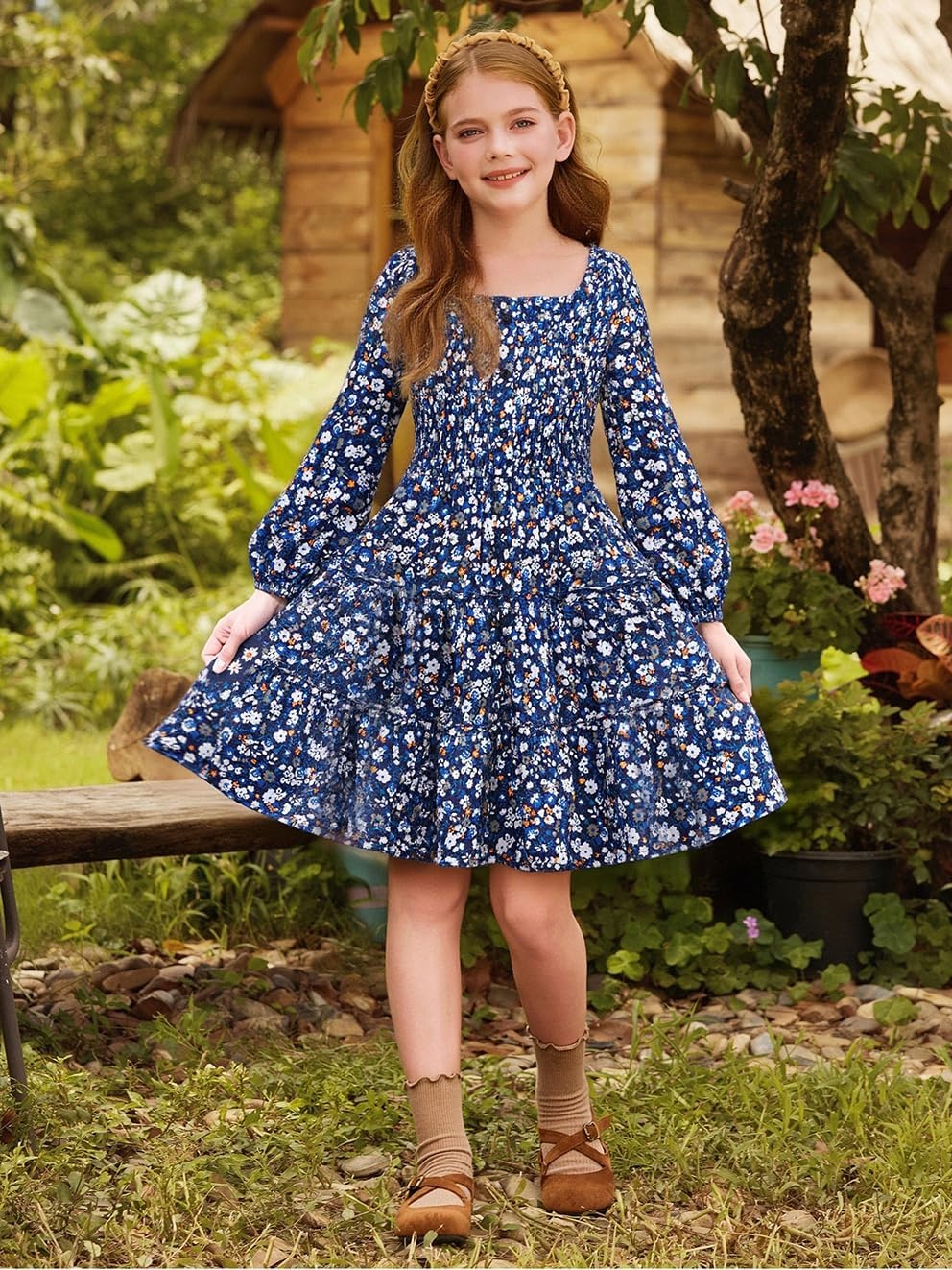 image:imageGRACE KARIN Girls Fall Long Sleeve Floral Christmas Teen Dress Size 614Blue Orange Floral