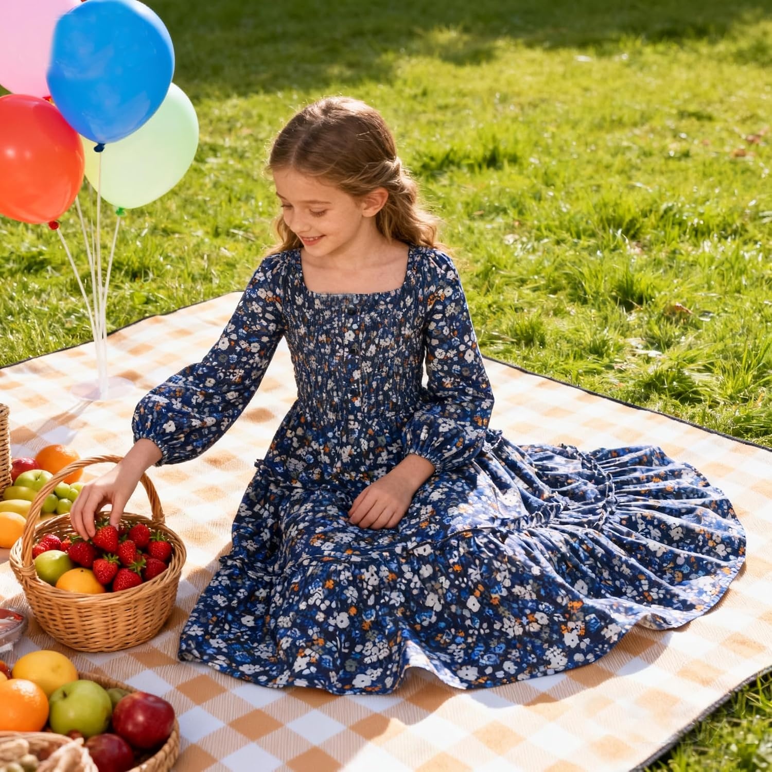 image:imageGRACE KARIN Girls Fall Long Sleeve Floral Christmas Teen Dress Size 614Blue Orange Floral