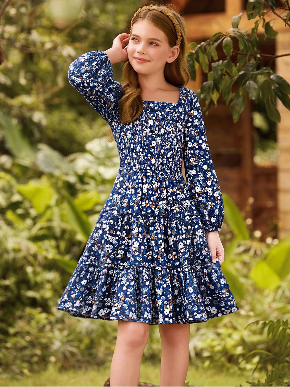 image:imageGRACE KARIN Girls Fall Long Sleeve Floral Christmas Teen Dress Size 614Blue Orange Floral