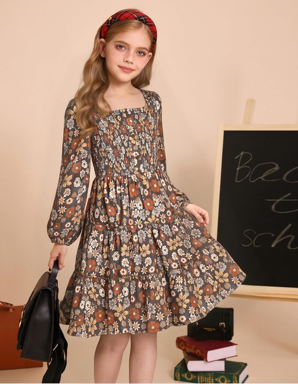 image:imageGRACE KARIN Girls Fall Long Sleeve Floral Christmas Teen Dress Size 614Brown Floral