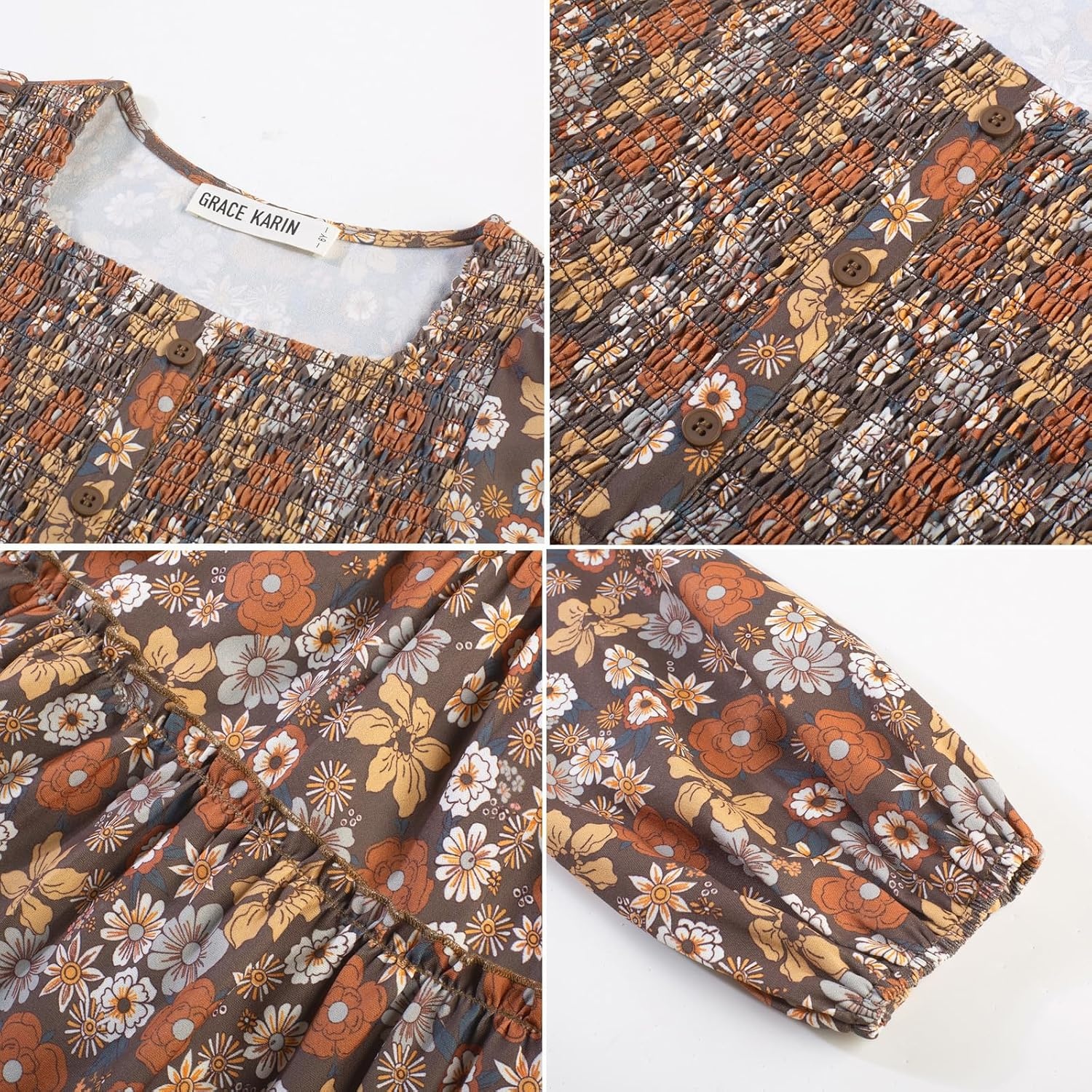 image:imageGRACE KARIN Girls Fall Long Sleeve Floral Christmas Teen Dress Size 614Brown Floral